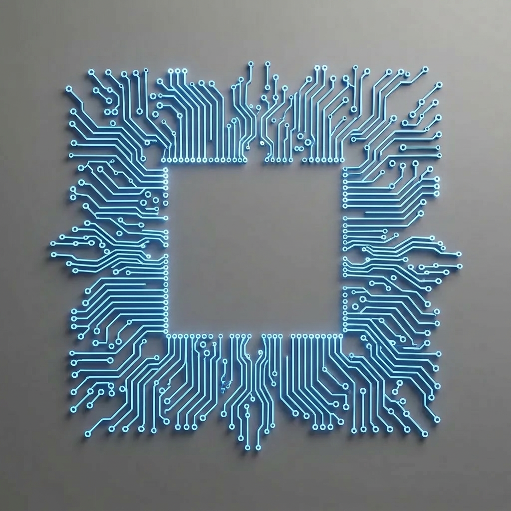AI Design for A top-down, minimalist design featuring intricate, glowing circuit tracks rendered in a vibrant, electric blue. The design emphasizes negative space with clean, precise lines and a sleek, matte finish, set against a neutral, seamless background. The composition is captured with soft, diffused studio lighting that adds subtle depth and dimension to the metallic texture of the circuits.