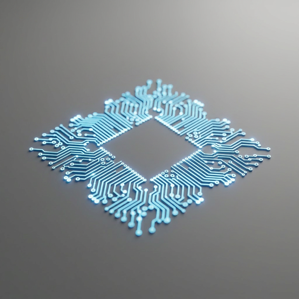AI Design for A minimalist, perfectly centered hollow square frame with clean, sharp edges and a matte finish. The composition features a void in the center, emphasizing negative space, captured with soft, studio-quality side lighting to create subtle depth and soft shadows against a neutral, seamless background. i need the circuit tracks in this blue colour. remove the square frame i need only the tracks in my ligo