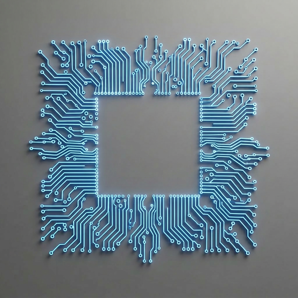 AI Design for A top-down, minimalist composition featuring intricate, wide glowing circuit tracks in vibrant electric blue, rendered with precise, clean lines. The design utilizes significant negative space against a seamless, neutral matte background to emphasize the sleek metallic texture, captured in full frame with soft, diffused studio lighting that creates subtle depth and dimension.