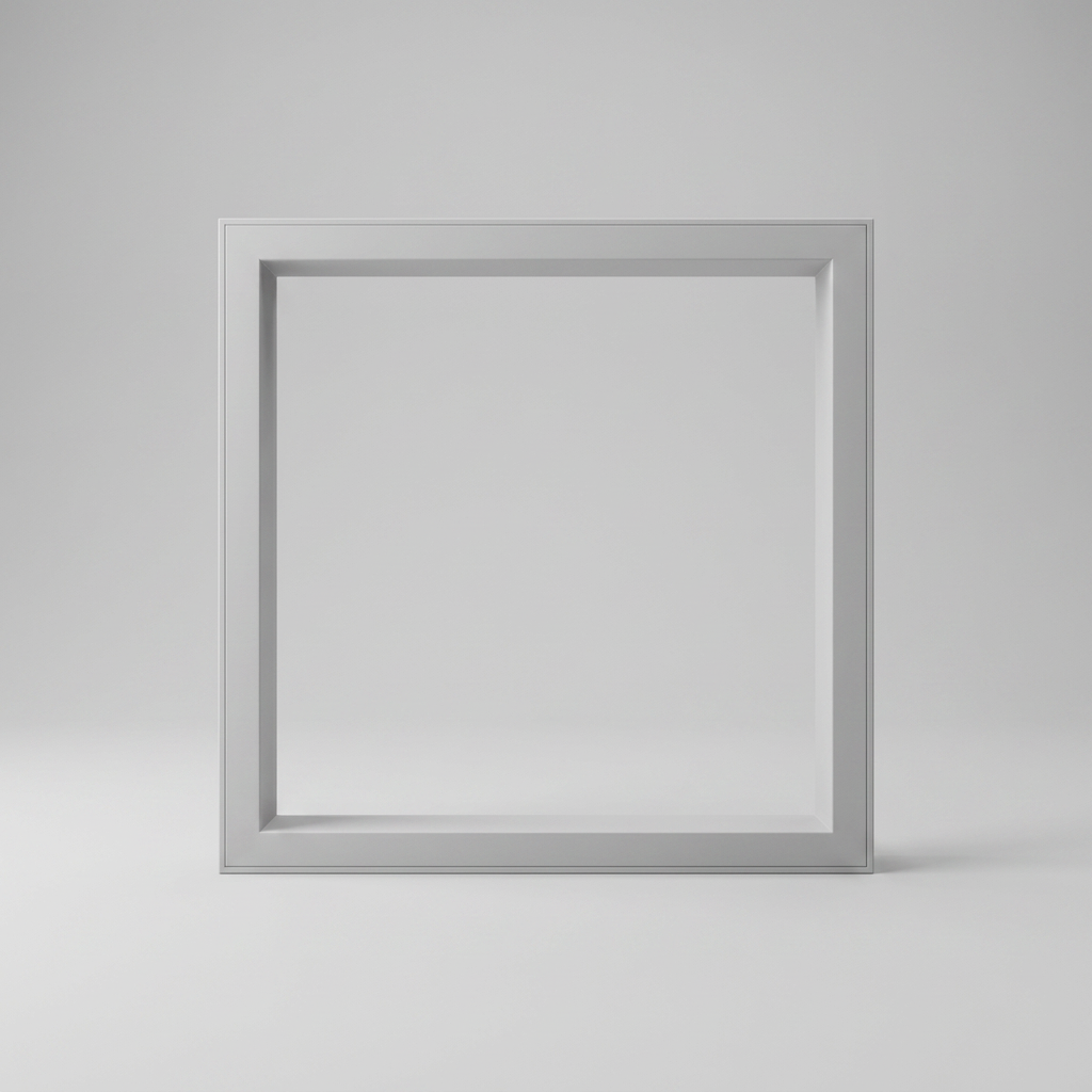 AI Design for A minimalist, perfectly centered hollow square frame with clean, sharp edges and a matte finish. The composition features a void in the center, emphasizing negative space, captured with soft, studio-quality side lighting to create subtle depth and soft shadows against a neutral, seamless background.
