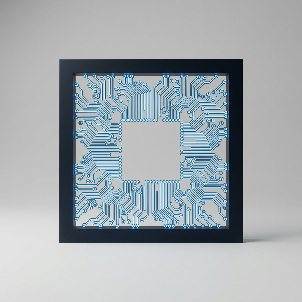 AI Design for A minimalist, perfectly centered hollow square frame with clean, sharp edges and a matte finish. The composition features a void in the center, emphasizing negative space, captured with soft, studio-quality side lighting to create subtle depth and soft shadows against a neutral, seamless background. i need the circuit tracks in this blue colour