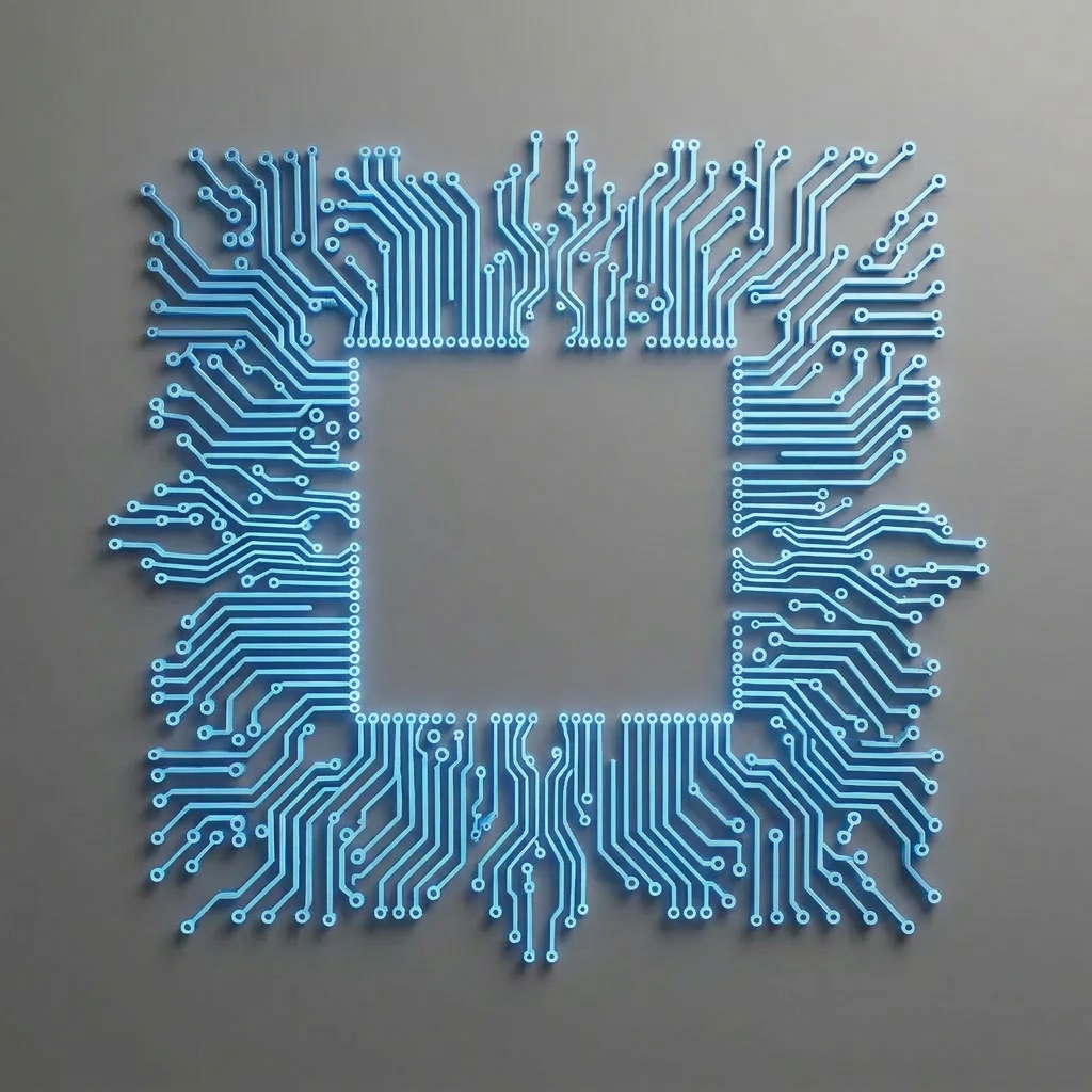 AI Design for A top-down, minimalist design featuring intricate, glowing circuit tracks rendered in a vibrant, electric blue. The design emphasizes negative space with clean, precise lines and a sleek, matte finish, set against a neutral, seamless background. The composition is captured with soft, diffused studio lighting that adds subtle depth and dimension to the metallic texture of the circuits. wiyh bigger tracks in them