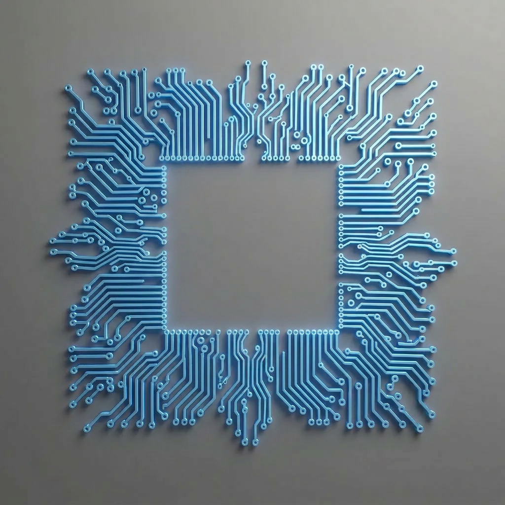 AI Design for A top-down, minimalist design featuring intricate, glowing circuit tracks rendered in a vibrant, electric blue. The design emphasizes negative space with clean, precise lines and a sleek, matte finish, set against a neutral, seamless background. The composition is captured with soft, diffused studio lighting that adds subtle depth and dimension to the metallic texture of the circuits. wiyh bigger tracks in them
