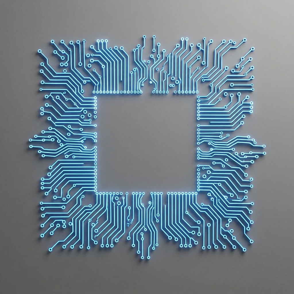 AI Design for A minimalist, perfectly centered hollow square frame with clean, sharp edges and a matte finish. The composition features a void in the center, emphasizing negative space, captured with soft, studio-quality side lighting to create subtle depth and soft shadows against a neutral, seamless background. i need the circuit tracks in this blue colour. remove the square frame i need only the tracks in my ligo. in top view