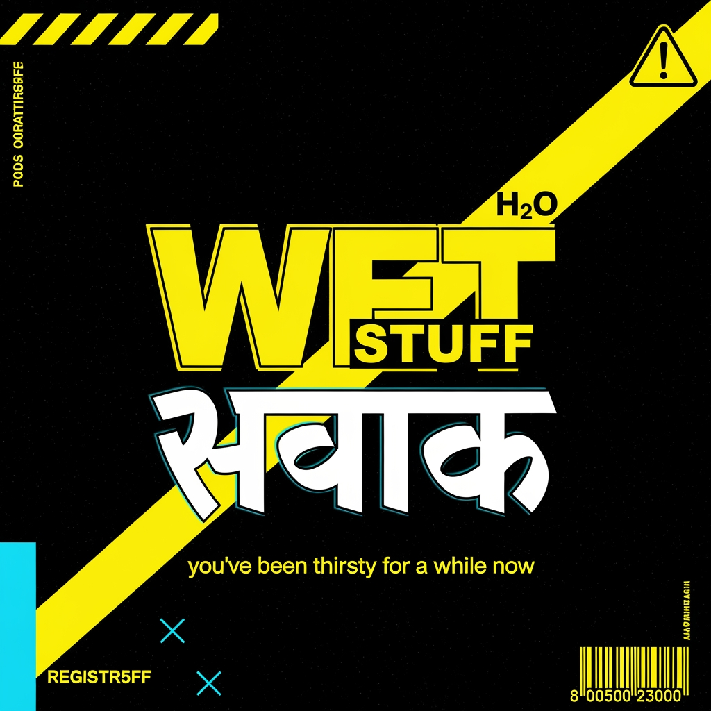 AI Design for Photorealistic product logo and can design for a premium Gen Z
water brand called "WET STUFF". Brutalist streetwear aesthetic,
anti-marketing, high fashion meets construction signage energy.
Balenciaga meets a hazard sign.
TYPOGRAPHY: The word "WET" in English using Bebas Neue or Anton,
ultra compressed, weight 900, acid yellow (#E8E000), massive,
dominant. Directly below it the word "माल" in Hindi Devanagari
script, same optical width as "WET", matching black weight,
blocky poster-style Devanagari similar to Rajdhani Bold or
Kruti Dev, in white outline only (no fill).
LAYOUT: "WET" significantly larger than "माल". Stacked vertically,
never side by side. Intentionally off-balance. "WET" in solid
acid yellow fill. "माल" in outline/stroke only, no fill,
slightly offset 4–5px for double exposure misprint effect.
LOGO TYPE: Pure wordmark. No icon. No symbol. No mascot.
The typography IS the logo.
BACKGROUND: Near black (#0D0D0D). Single acid yellow diagonal
slash cutting across the full canvas at 20 degrees. Thin cyan
(#00F5FF) vertical accent line on far left edge. Faint barcode
strip bottom right corner. Construction hazard diagonal stripes
in top left corner block in acid yellow and black.
TAGLINE: Below the wordmark in 8pt monospace white text —
"you've been thirsty for a while now"
GRAPHIC ELEMENTS: One registration cross mark in cyan bottom
left. Warning triangle with exclamation mark top right.
Ghost watermark "H₂O" at 5% opacity behind main text.
COLOR PALETTE: #0D0D0D (near black), #E8E000 (acid yellow),
#00F5FF (cyan), #F5F5F5 (white). Nothing else.
MOOD: Underground nightclub, illegal rave flyer, luxury
streetwear drop, Dazed & Confused editorial, zero wellness
energy, zero nature imagery, zero blue sky, zero water drops.
Shot as flat lay product mockup, hard studio lighting,
sharp edges, no blur, no gradients anywhere, --ar 1:1
--style raw --v 6.1