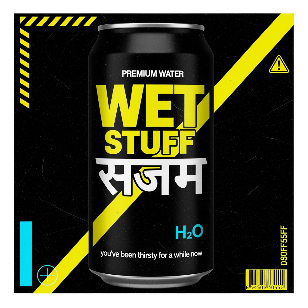 AI Design for Photorealistic product logo and can design for a premium Gen Z
water brand called "WET STUFF". Brutalist streetwear aesthetic,
anti-marketing, high fashion meets construction signage energy.
Balenciaga meets a hazard sign.
TYPOGRAPHY: The word "WET" in English using Bebas Neue or Anton,
ultra compressed, weight 900, acid yellow (#E8E000), massive,
dominant. Directly below it the word "माल" in Hindi Devanagari
script, same optical width as "WET", matching black weight,
blocky poster-style Devanagari similar to Rajdhani Bold or
Kruti Dev, in white outline only (no fill).
LAYOUT: "WET" significantly larger than "माल". Stacked vertically,
never side by side. Intentionally off-balance. "WET" in solid
acid yellow fill. "माल" in outline/stroke only, no fill,
slightly offset 4–5px for double exposure misprint effect.
LOGO TYPE: Pure wordmark. No icon. No symbol. No mascot.
The typography IS the logo.
BACKGROUND: Near black (#0D0D0D). Single acid yellow diagonal
slash cutting across the full canvas at 20 degrees. Thin cyan
(#00F5FF) vertical accent line on far left edge. Faint barcode
strip bottom right corner. Construction hazard diagonal stripes
in top left corner block in acid yellow and black.
TAGLINE: Below the wordmark in 8pt monospace white text —
"you've been thirsty for a while now"
GRAPHIC ELEMENTS: One registration cross mark in cyan bottom
left. Warning triangle with exclamation mark top right.
Ghost watermark "H₂O" at 5% opacity behind main text.
COLOR PALETTE: #0D0D0D (near black), #E8E000 (acid yellow),
#00F5FF (cyan), #F5F5F5 (white). Nothing else.
MOOD: Underground nightclub, illegal rave flyer, luxury
streetwear drop, Dazed & Confused editorial, zero wellness
energy, zero nature imagery, zero blue sky, zero water drops.
Shot as flat lay product mockup, hard studio lighting,
sharp edges, no blur, no gradients anywhere, --ar 1:1
--style raw --v 6.1