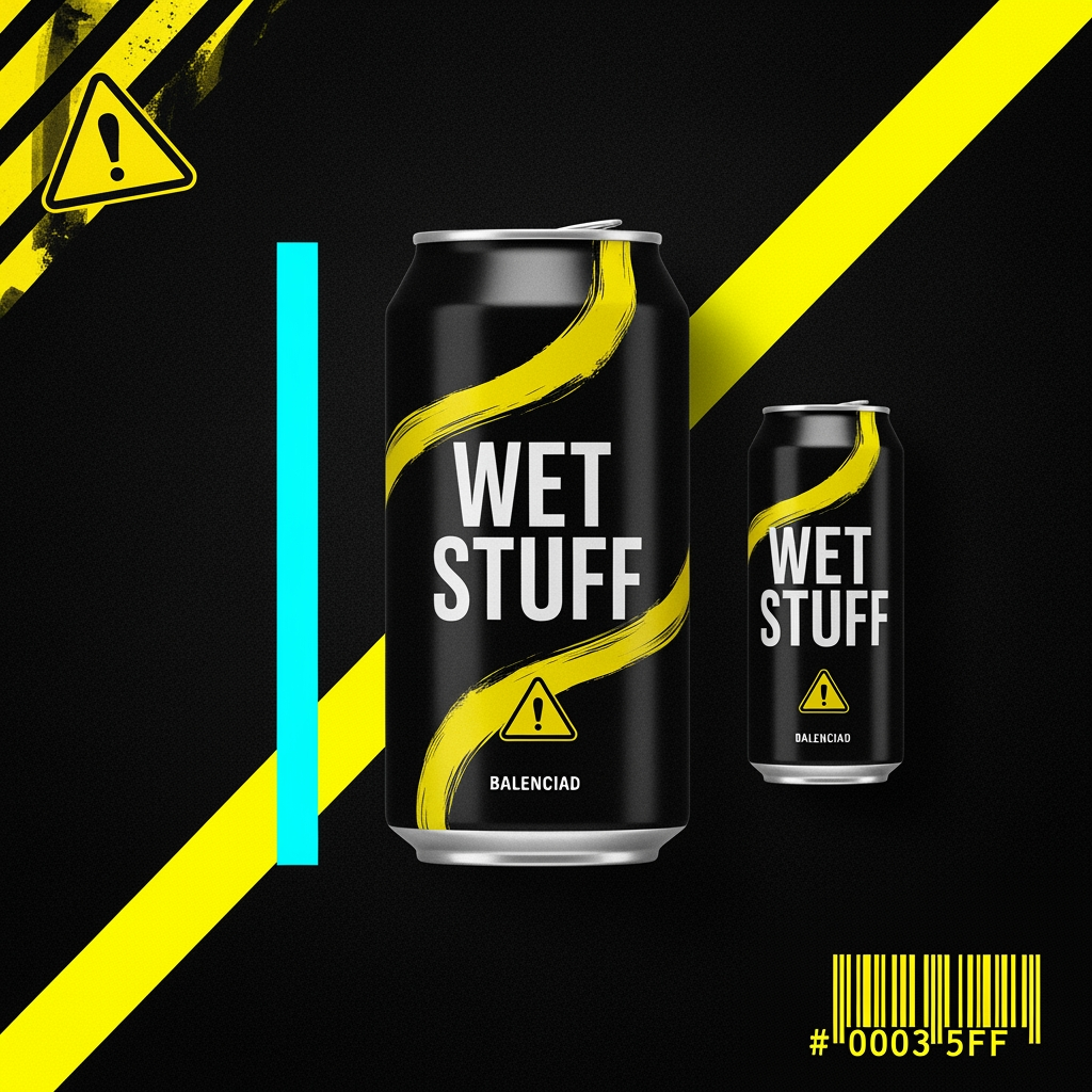 AI Design for Photorealistic product logo and can design for a premium Gen Z
water brand called "WET STUFF". Brutalist streetwear aesthetic,
anti-marketing, high fashion meets construction signage energy.
Balenciaga meets a hazard sign.
TYPOGRAPHY: The word "WET" in English using Bebas Neue or Anton,
ultra compressed, weight 900, acid yellow (#E8E000), massive,
dominant. Directly below it the word "माल" in Hindi Devanagari
script, same optical width as "WET", matching black weight,
blocky poster-style Devanagari similar to Rajdhani Bold or
Kruti Dev, in white outline only (no fill).
LAYOUT: "WET" significantly larger than "माल". Stacked vertically,
never side by side. Intentionally off-balance. "WET" in solid
acid yellow fill. "माल" in outline/stroke only, no fill,
slightly offset 4–5px for double exposure misprint effect.
LOGO TYPE: Pure wordmark. No icon. No symbol. No mascot.
The typography IS the logo.
BACKGROUND: Near black (#0D0D0D). Single acid yellow diagonal
slash cutting across the full canvas at 20 degrees. Thin cyan
(#00F5FF) vertical accent line on far left edge. Faint barcode
strip bottom right corner. Construction hazard diagonal stripes
in top left corner block in acid yellow and black.
TAGLINE: Below the wordmark in 8pt monospace white text —
"you've been thirsty for a while now"
GRAPHIC ELEMENTS: One registration cross mark in cyan bottom
left. Warning triangle with exclamation mark top right.
Ghost watermark "H₂O" at 5% opacity behind main text.
COLOR PALETTE: #0D0D0D (near black), #E8E000 (acid yellow),
#00F5FF (cyan), #F5F5F5 (white). Nothing else.
MOOD: Underground nightclub, illegal rave flyer, luxury
streetwear drop, Dazed & Confused editorial, zero wellness
energy, zero nature imagery, zero blue sky, zero water drops.
Shot as flat lay product mockup, hard studio lighting,
sharp edges, no blur, no gradients anywhere, --ar 1:1
--style raw --v 6.1
