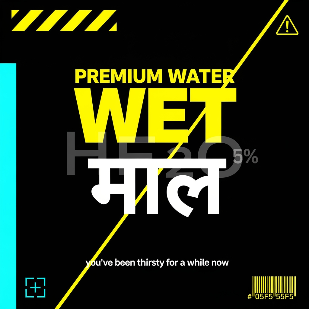 AI Design for Photorealistic product logo and can design for a premium Gen Z
water brand called "WET STUFF". Brutalist streetwear aesthetic,
anti-marketing, high fashion meets construction signage energy.
Balenciaga meets a hazard sign.
TYPOGRAPHY: The word "WET" in English using Bebas Neue or Anton,
ultra compressed, weight 900, acid yellow (#E8E000), massive,
dominant. Directly below it the word "माल" in Hindi Devanagari
script, same optical width as "WET", matching black weight,
blocky poster-style Devanagari similar to Rajdhani Bold or
Kruti Dev, in white outline only (no fill).
LAYOUT: "WET" significantly larger than "माल". Stacked vertically,
never side by side. Intentionally off-balance. "WET" in solid
acid yellow fill. "माल" in outline/stroke only, no fill,
slightly offset 4–5px for double exposure misprint effect.
LOGO TYPE: Pure wordmark. No icon. No symbol. No mascot.
The typography IS the logo.
BACKGROUND: Near black (#0D0D0D). Single acid yellow diagonal
slash cutting across the full canvas at 20 degrees. Thin cyan
(#00F5FF) vertical accent line on far left edge. Faint barcode
strip bottom right corner. Construction hazard diagonal stripes
in top left corner block in acid yellow and black.
TAGLINE: Below the wordmark in 8pt monospace white text —
"you've been thirsty for a while now"
GRAPHIC ELEMENTS: One registration cross mark in cyan bottom
left. Warning triangle with exclamation mark top right.
Ghost watermark "H₂O" at 5% opacity behind main text.
COLOR PALETTE: #0D0D0D (near black), #E8E000 (acid yellow),
#00F5FF (cyan), #F5F5F5 (white). Nothing else.
MOOD: Underground nightclub, illegal rave flyer, luxury
streetwear drop, Dazed & Confused editorial, zero wellness
energy, zero nature imagery, zero blue sky, zero water drops.
Shot as flat lay product mockup, hard studio lighting,
sharp edges, no blur, no gradients anywhere, --ar 1:1
--style raw --v 6.1