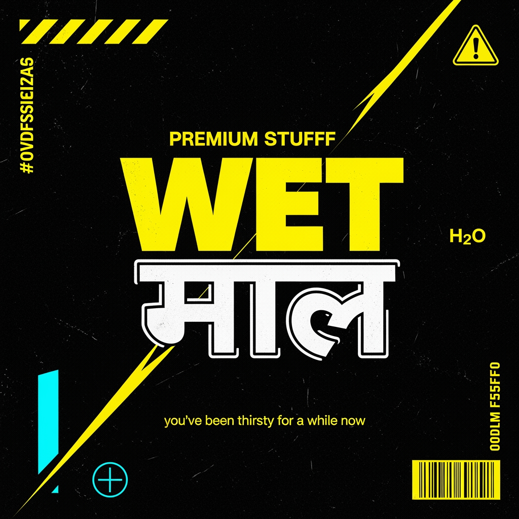 AI Design for Photorealistic product logo and can design for a premium Gen Z
water brand called "WET STUFF". Brutalist streetwear aesthetic,
anti-marketing, high fashion meets construction signage energy.
Balenciaga meets a hazard sign.
TYPOGRAPHY: The word "WET" in English using Bebas Neue or Anton,
ultra compressed, weight 900, acid yellow (#E8E000), massive,
dominant. Directly below it the word "माल" in Hindi Devanagari
script, same optical width as "WET", matching black weight,
blocky poster-style Devanagari similar to Rajdhani Bold or
Kruti Dev, in white outline only (no fill).
LAYOUT: "WET" significantly larger than "माल". Stacked vertically,
never side by side. Intentionally off-balance. "WET" in solid
acid yellow fill. "माल" in outline/stroke only, no fill,
slightly offset 4–5px for double exposure misprint effect.
LOGO TYPE: Pure wordmark. No icon. No symbol. No mascot.
The typography IS the logo.
BACKGROUND: Near black (#0D0D0D). Single acid yellow diagonal
slash cutting across the full canvas at 20 degrees. Thin cyan
(#00F5FF) vertical accent line on far left edge. Faint barcode
strip bottom right corner. Construction hazard diagonal stripes
in top left corner block in acid yellow and black.
TAGLINE: Below the wordmark in 8pt monospace white text —
"you've been thirsty for a while now"
GRAPHIC ELEMENTS: One registration cross mark in cyan bottom
left. Warning triangle with exclamation mark top right.
Ghost watermark "H₂O" at 5% opacity behind main text.
COLOR PALETTE: #0D0D0D (near black), #E8E000 (acid yellow),
#00F5FF (cyan), #F5F5F5 (white). Nothing else.
MOOD: Underground nightclub, illegal rave flyer, luxury
streetwear drop, Dazed & Confused editorial, zero wellness
energy, zero nature imagery, zero blue sky, zero water drops.
Shot as flat lay product mockup, hard studio lighting,
sharp edges, no blur, no gradients anywhere, --ar 1:1
--style raw --v 6.1
