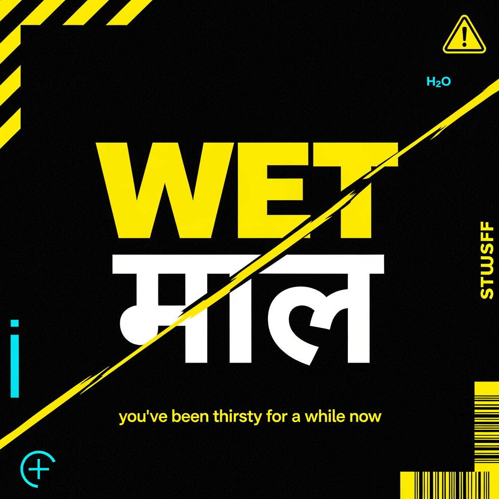 AI Design for Photorealistic product logo and can design for a premium Gen Z
water brand called "WET STUFF". Brutalist streetwear aesthetic,
anti-marketing, high fashion meets construction signage energy.
Balenciaga meets a hazard sign.
TYPOGRAPHY: The word "WET" in English using Bebas Neue or Anton,
ultra compressed, weight 900, acid yellow (#E8E000), massive,
dominant. Directly below it the word "माल" in Hindi Devanagari
script, same optical width as "WET", matching black weight,
blocky poster-style Devanagari similar to Rajdhani Bold or
Kruti Dev, in white outline only (no fill).
LAYOUT: "WET" significantly larger than "माल". Stacked vertically,
never side by side. Intentionally off-balance. "WET" in solid
acid yellow fill. "माल" in outline/stroke only, no fill,
slightly offset 4–5px for double exposure misprint effect.
LOGO TYPE: Pure wordmark. No icon. No symbol. No mascot.
The typography IS the logo.
BACKGROUND: Near black (#0D0D0D). Single acid yellow diagonal
slash cutting across the full canvas at 20 degrees. Thin cyan
(#00F5FF) vertical accent line on far left edge. Faint barcode
strip bottom right corner. Construction hazard diagonal stripes
in top left corner block in acid yellow and black.
TAGLINE: Below the wordmark in 8pt monospace white text —
"you've been thirsty for a while now"
GRAPHIC ELEMENTS: One registration cross mark in cyan bottom
left. Warning triangle with exclamation mark top right.
Ghost watermark "H₂O" at 5% opacity behind main text.
COLOR PALETTE: #0D0D0D (near black), #E8E000 (acid yellow),
#00F5FF (cyan), #F5F5F5 (white). Nothing else.
MOOD: Underground nightclub, illegal rave flyer, luxury
streetwear drop, Dazed & Confused editorial, zero wellness
energy, zero nature imagery, zero blue sky, zero water drops.
Shot as flat lay product mockup, hard studio lighting,
sharp edges, no blur, no gradients anywhere, --ar 1:1
--style raw --v 6.1