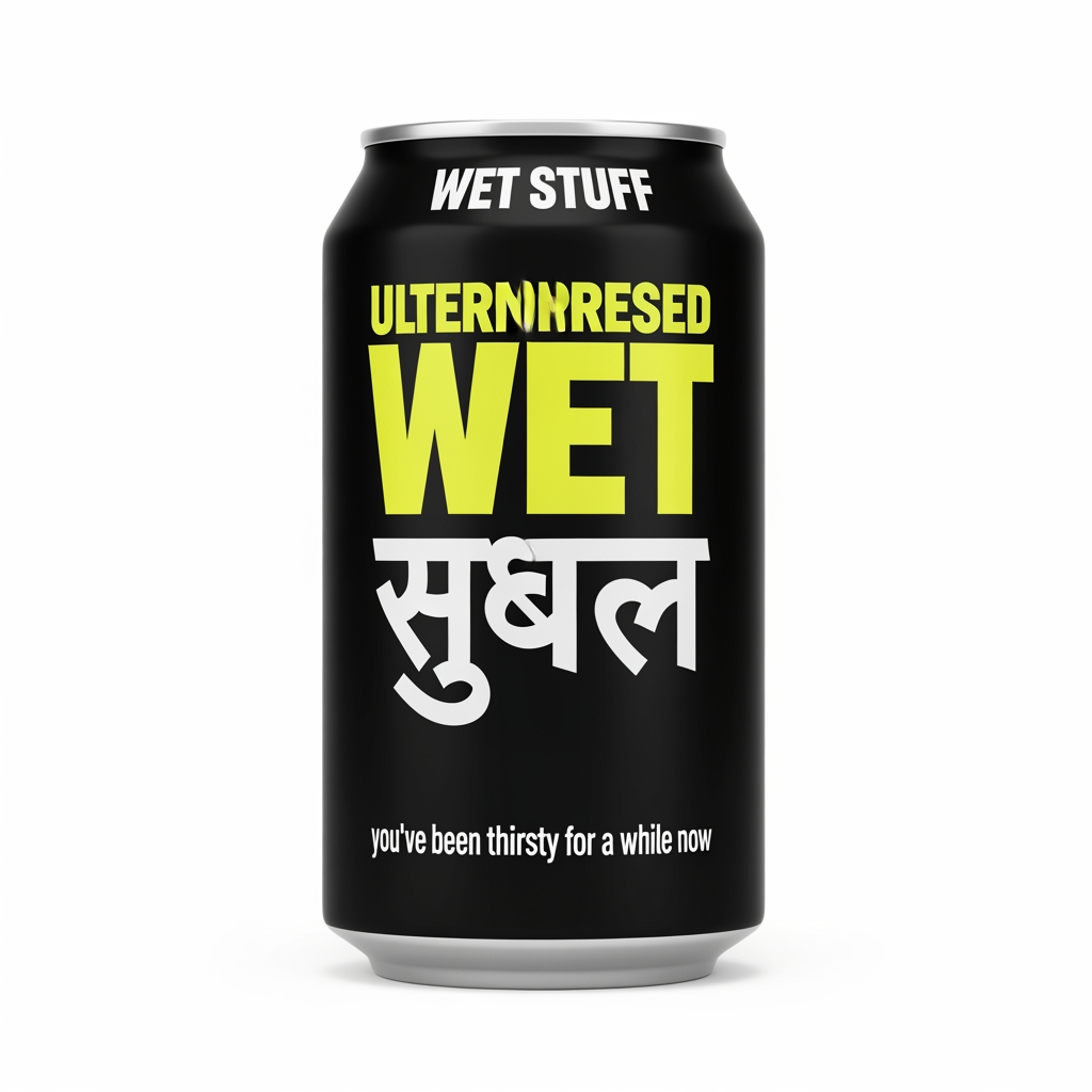 AI Design for Photorealistic product logo and can design for a premium Gen Z
water brand called "WET STUFF". Brutalist streetwear aesthetic,
anti-marketing, high fashion meets construction signage energy.
Balenciaga meets a hazard sign.
TYPOGRAPHY: The word "WET" in English using Bebas Neue or Anton,
ultra compressed, weight 900, acid yellow (#E8E000), massive,
dominant. Directly below it the word "माल" in Hindi Devanagari
script, same optical width as "WET", matching black weight,
blocky poster-style Devanagari similar to Rajdhani Bold or
Kruti Dev, in white outline only (no fill).
LAYOUT: "WET" significantly larger than "माल". Stacked vertically,
never side by side. Intentionally off-balance. "WET" in solid
acid yellow fill. "माल" in outline/stroke only, no fill,
slightly offset 4–5px for double exposure misprint effect.
LOGO TYPE: Pure wordmark. No icon. No symbol. No mascot.
The typography IS the logo.
BACKGROUND: Near black (#0D0D0D). Single acid yellow diagonal
slash cutting across the full canvas at 20 degrees. Thin cyan
(#00F5FF) vertical accent line on far left edge. Faint barcode
strip bottom right corner. Construction hazard diagonal stripes
in top left corner block in acid yellow and black.
TAGLINE: Below the wordmark in 8pt monospace white text —
"you've been thirsty for a while now"
GRAPHIC ELEMENTS: One registration cross mark in cyan bottom
left. Warning triangle with exclamation mark top right.
Ghost watermark "H₂O" at 5% opacity behind main text.
COLOR PALETTE: #0D0D0D (near black), #E8E000 (acid yellow),
#00F5FF (cyan), #F5F5F5 (white). Nothing else.
MOOD: Underground nightclub, illegal rave flyer, luxury
streetwear drop, Dazed & Confused editorial, zero wellness
energy, zero nature imagery, zero blue sky, zero water drops.
Shot as flat lay product mockup, hard studio lighting,
sharp edges, no blur, no gradients anywhere, --ar 1:1
--style raw --v 6.1