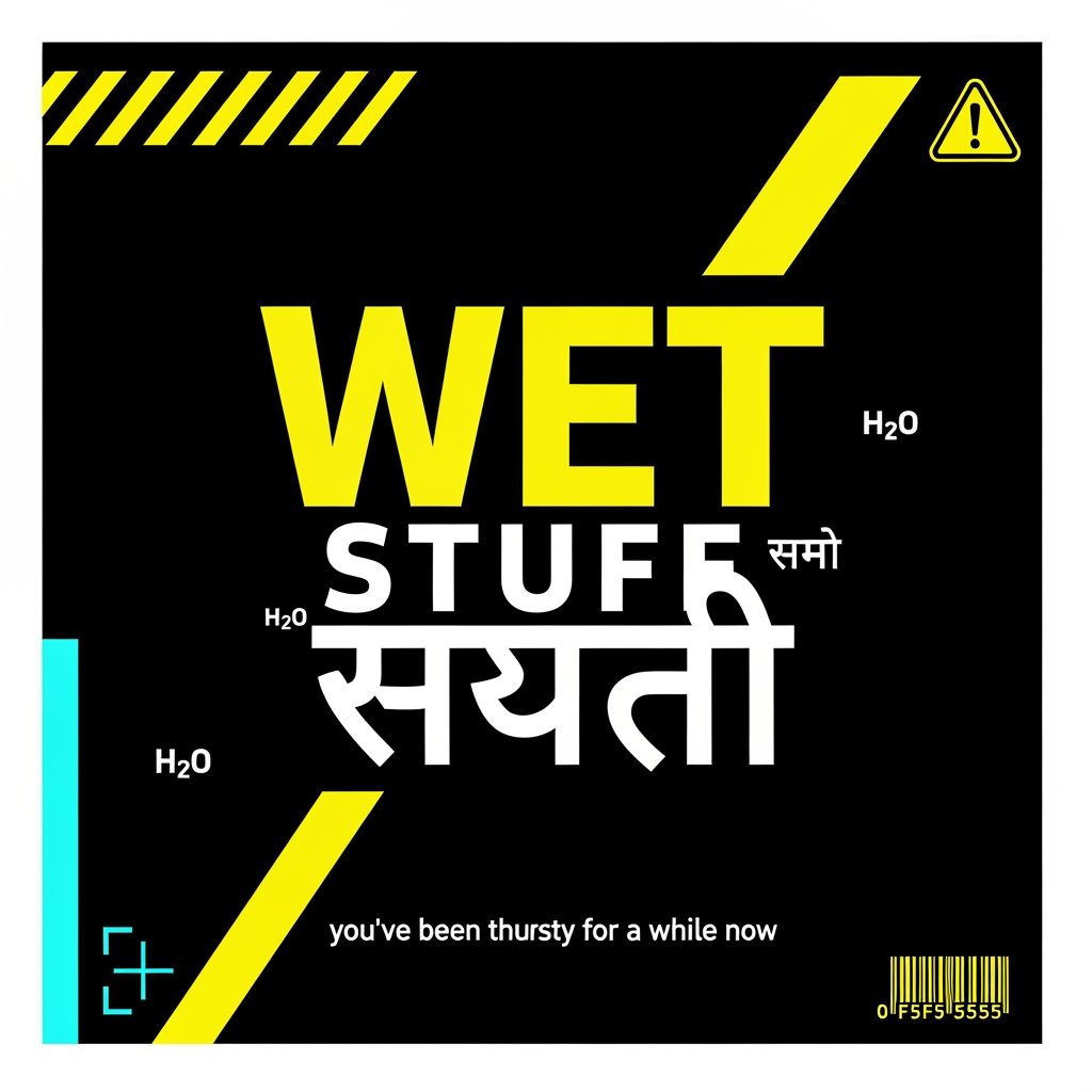 AI Design for Photorealistic product logo and can design for a premium Gen Z
water brand called "WET STUFF". Brutalist streetwear aesthetic,
anti-marketing, high fashion meets construction signage energy.
Balenciaga meets a hazard sign.
TYPOGRAPHY: The word "WET" in English using Bebas Neue or Anton,
ultra compressed, weight 900, acid yellow (#E8E000), massive,
dominant. Directly below it the word "माल" in Hindi Devanagari
script, same optical width as "WET", matching black weight,
blocky poster-style Devanagari similar to Rajdhani Bold or
Kruti Dev, in white outline only (no fill).
LAYOUT: "WET" significantly larger than "माल". Stacked vertically,
never side by side. Intentionally off-balance. "WET" in solid
acid yellow fill. "माल" in outline/stroke only, no fill,
slightly offset 4–5px for double exposure misprint effect.
LOGO TYPE: Pure wordmark. No icon. No symbol. No mascot.
The typography IS the logo.
BACKGROUND: Near black (#0D0D0D). Single acid yellow diagonal
slash cutting across the full canvas at 20 degrees. Thin cyan
(#00F5FF) vertical accent line on far left edge. Faint barcode
strip bottom right corner. Construction hazard diagonal stripes
in top left corner block in acid yellow and black.
TAGLINE: Below the wordmark in 8pt monospace white text —
"you've been thirsty for a while now"
GRAPHIC ELEMENTS: One registration cross mark in cyan bottom
left. Warning triangle with exclamation mark top right.
Ghost watermark "H₂O" at 5% opacity behind main text.
COLOR PALETTE: #0D0D0D (near black), #E8E000 (acid yellow),
#00F5FF (cyan), #F5F5F5 (white). Nothing else.
MOOD: Underground nightclub, illegal rave flyer, luxury
streetwear drop, Dazed & Confused editorial, zero wellness
energy, zero nature imagery, zero blue sky, zero water drops.
Shot as flat lay product mockup, hard studio lighting,
sharp edges, no blur, no gradients anywhere, --ar 1:1
--style raw --v 6.1