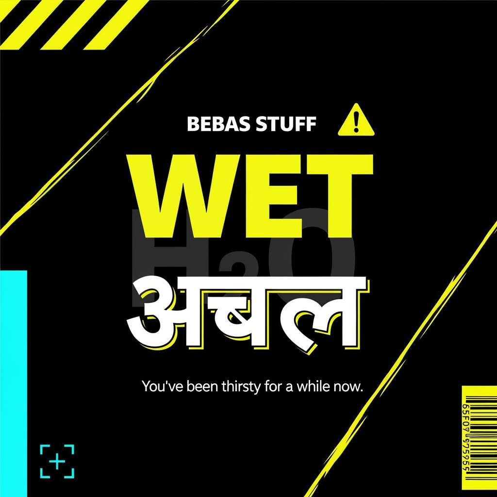 AI Design for Photorealistic product logo and can design for a premium Gen Z
water brand called "WET STUFF". Brutalist streetwear aesthetic,
anti-marketing, high fashion meets construction signage energy.
Balenciaga meets a hazard sign.
TYPOGRAPHY: The word "WET" in English using Bebas Neue or Anton,
ultra compressed, weight 900, acid yellow (#E8E000), massive,
dominant. Directly below it the word "माल" in Hindi Devanagari
script, same optical width as "WET", matching black weight,
blocky poster-style Devanagari similar to Rajdhani Bold or
Kruti Dev, in white outline only (no fill).
LAYOUT: "WET" significantly larger than "माल". Stacked vertically,
never side by side. Intentionally off-balance. "WET" in solid
acid yellow fill. "माल" in outline/stroke only, no fill,
slightly offset 4–5px for double exposure misprint effect.
LOGO TYPE: Pure wordmark. No icon. No symbol. No mascot.
The typography IS the logo.
BACKGROUND: Near black (#0D0D0D). Single acid yellow diagonal
slash cutting across the full canvas at 20 degrees. Thin cyan
(#00F5FF) vertical accent line on far left edge. Faint barcode
strip bottom right corner. Construction hazard diagonal stripes
in top left corner block in acid yellow and black.
TAGLINE: Below the wordmark in 8pt monospace white text —
"you've been thirsty for a while now"
GRAPHIC ELEMENTS: One registration cross mark in cyan bottom
left. Warning triangle with exclamation mark top right.
Ghost watermark "H₂O" at 5% opacity behind main text.
COLOR PALETTE: #0D0D0D (near black), #E8E000 (acid yellow),
#00F5FF (cyan), #F5F5F5 (white). Nothing else.
MOOD: Underground nightclub, illegal rave flyer, luxury
streetwear drop, Dazed & Confused editorial, zero wellness
energy, zero nature imagery, zero blue sky, zero water drops.
Shot as flat lay product mockup, hard studio lighting,
sharp edges, no blur, no gradients anywhere, --ar 1:1
--style raw --v 6.1