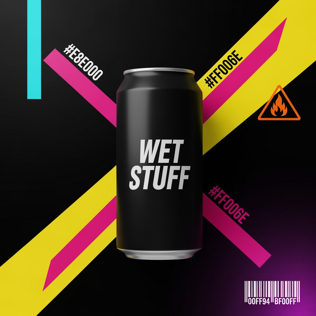 AI Design for Photorealistic product logo and can design for a premium
Gen Z water brand called "WET STUFF". Brutalist streetwear
aesthetic, anti-marketing, high fashion meets construction
signage energy. Balenciaga meets a hazard sign meets an
illegal rave flyer.
TYPOGRAPHY: The word "WET" in English using Bebas Neue
or Anton, ultra compressed, weight 900, acid yellow
(#E8E000), massive, completely dominant. Directly below
it the word "स्टफ" in Hindi Devanagari script, same
optical width as "WET", matching black weight, blocky
poster-style Devanagari similar to Rajdhani Bold or
Noto Sans Devanagari Black, in white outline only,
no fill, slightly offset 5px for double exposure
misprint effect.
LAYOUT: "WET" significantly larger than "स्टफ".
Stacked vertically, never side by side. Intentionally
off-balance. "WET" in solid acid yellow fill. "स्टफ"
in stroke outline only, no fill, ghost layer effect.
LOGO TYPE: Pure wordmark. No icon. No symbol.
No mascot. The typography IS the logo.
BACKGROUND: Near black (#0D0D0D). One dominant acid
yellow diagonal slash at 20 degrees cutting full
canvas. A second thinner hot magenta (#FF006E) slash
cutting opposite direction, slightly offset —
creating an X tension across the background.
Electric cyan (#00F5FF) vertical accent line far
left edge. Ultraviolet (#BF00FF) bleeding in from
bottom right corner like a light leak. Toxic mint
(#00FF94) used only on the barcode strip bottom
right. Molten orange (#FF3D00) used only on the
warning triangle top right.
TAGLINE: Below the wordmark in 8pt monospace —
"you've been thirsty for a while now"
in #555555, all lowercase, no punctuation.
GRAPHIC ELEMENTS:
— Cyan registration cross mark bottom left
— Molten orange warning triangle top right
— Toxic mint barcode strip bottom right
— Ultraviolet corner bleed bottom right
— Construction hazard stripes top left
in yellow and black only
— Ghost watermark "H₂O" at 5% opacity
behind main text in white
COLOR USAGE RULE IN IMAGE:
Yellow + black = dominant (60%)
Magenta + cyan = secondary clash (25%)
Orange + violet + mint = edge accents only (15%)
Never blend. Never gradient. Hard edges only.
MOOD: Underground nightclub, illegal rave poster,
luxury streetwear drop, Dazed & Confused editorial,
zero wellness energy, zero nature, zero water drops,
zero mountains, zero blue sky.
Flat lay product mockup, hard studio lighting,
sharp edges, zero blur, zero gradients,
--ar 1:1 --style raw --v 6.1