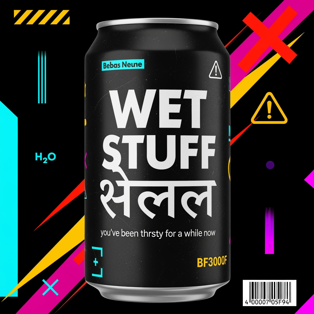 AI Design for Photorealistic product logo and can design for a premium
Gen Z water brand called "WET STUFF". Brutalist streetwear
aesthetic, anti-marketing, high fashion meets construction
signage energy. Balenciaga meets a hazard sign meets an
illegal rave flyer.
TYPOGRAPHY: The word "WET" in English using Bebas Neue
or Anton, ultra compressed, weight 900, acid yellow
(#E8E000), massive, completely dominant. Directly below
it the word "स्टफ" in Hindi Devanagari script, same
optical width as "WET", matching black weight, blocky
poster-style Devanagari similar to Rajdhani Bold or
Noto Sans Devanagari Black, in white outline only,
no fill, slightly offset 5px for double exposure
misprint effect.
LAYOUT: "WET" significantly larger than "स्टफ".
Stacked vertically, never side by side. Intentionally
off-balance. "WET" in solid acid yellow fill. "स्टफ"
in stroke outline only, no fill, ghost layer effect.
LOGO TYPE: Pure wordmark. No icon. No symbol.
No mascot. The typography IS the logo.
BACKGROUND: Near black (#0D0D0D). One dominant acid
yellow diagonal slash at 20 degrees cutting full
canvas. A second thinner hot magenta (#FF006E) slash
cutting opposite direction, slightly offset —
creating an X tension across the background.
Electric cyan (#00F5FF) vertical accent line far
left edge. Ultraviolet (#BF00FF) bleeding in from
bottom right corner like a light leak. Toxic mint
(#00FF94) used only on the barcode strip bottom
right. Molten orange (#FF3D00) used only on the
warning triangle top right.
TAGLINE: Below the wordmark in 8pt monospace —
"you've been thirsty for a while now"
in #555555, all lowercase, no punctuation.
GRAPHIC ELEMENTS:
— Cyan registration cross mark bottom left
— Molten orange warning triangle top right
— Toxic mint barcode strip bottom right
— Ultraviolet corner bleed bottom right
— Construction hazard stripes top left
in yellow and black only
— Ghost watermark "H₂O" at 5% opacity
behind main text in white
COLOR USAGE RULE IN IMAGE:
Yellow + black = dominant (60%)
Magenta + cyan = secondary clash (25%)
Orange + violet + mint = edge accents only (15%)
Never blend. Never gradient. Hard edges only.
MOOD: Underground nightclub, illegal rave poster,
luxury streetwear drop, Dazed & Confused editorial,
zero wellness energy, zero nature, zero water drops,
zero mountains, zero blue sky.
Flat lay product mockup, hard studio lighting,
sharp edges, zero blur, zero gradients,
--ar 1:1 --style raw --v 6.1