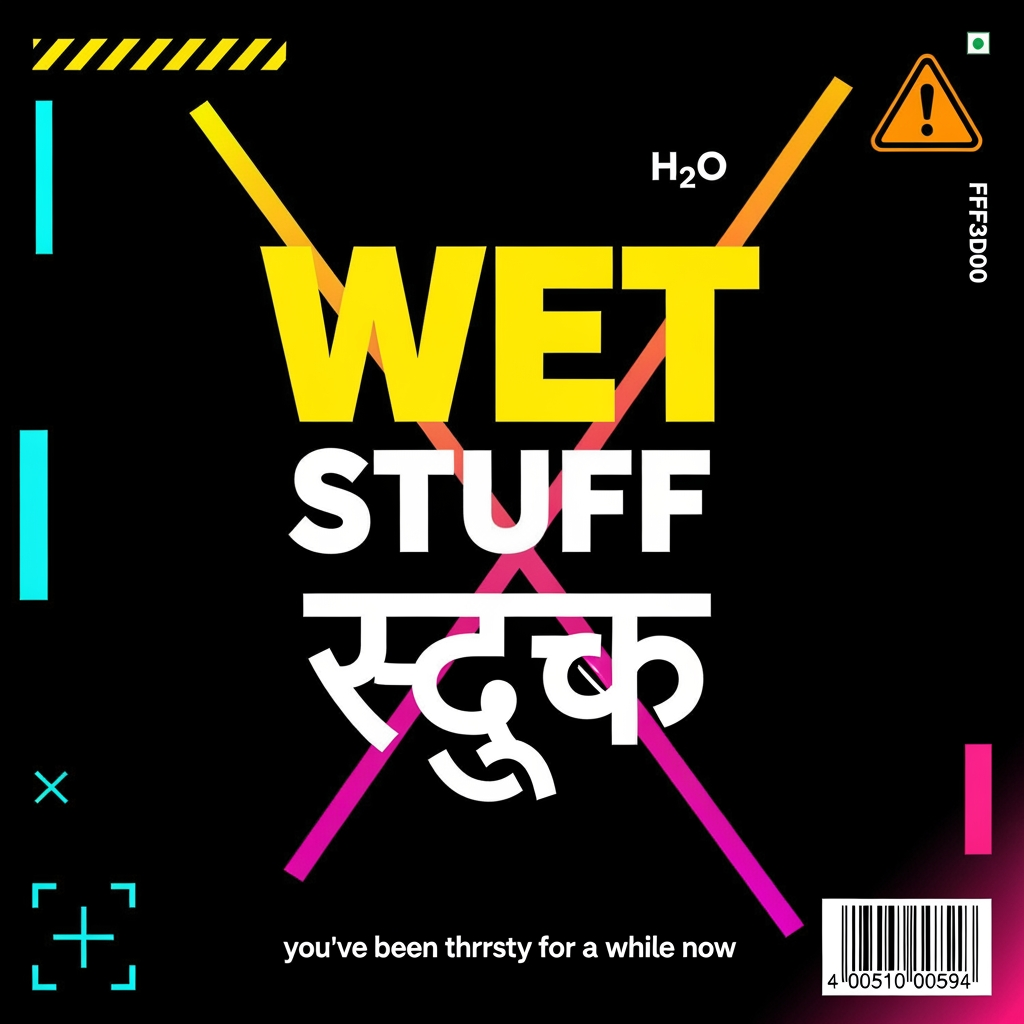 AI Design for Photorealistic product logo and can design for a premium
Gen Z water brand called "WET STUFF". Brutalist streetwear
aesthetic, anti-marketing, high fashion meets construction
signage energy. Balenciaga meets a hazard sign meets an
illegal rave flyer.
TYPOGRAPHY: The word "WET" in English using Bebas Neue
or Anton, ultra compressed, weight 900, acid yellow
(#E8E000), massive, completely dominant. Directly below
it the word "स्टफ" in Hindi Devanagari script, same
optical width as "WET", matching black weight, blocky
poster-style Devanagari similar to Rajdhani Bold or
Noto Sans Devanagari Black, in white outline only,
no fill, slightly offset 5px for double exposure
misprint effect.
LAYOUT: "WET" significantly larger than "स्टफ".
Stacked vertically, never side by side. Intentionally
off-balance. "WET" in solid acid yellow fill. "स्टफ"
in stroke outline only, no fill, ghost layer effect.
LOGO TYPE: Pure wordmark. No icon. No symbol.
No mascot. The typography IS the logo.
BACKGROUND: Near black (#0D0D0D). One dominant acid
yellow diagonal slash at 20 degrees cutting full
canvas. A second thinner hot magenta (#FF006E) slash
cutting opposite direction, slightly offset —
creating an X tension across the background.
Electric cyan (#00F5FF) vertical accent line far
left edge. Ultraviolet (#BF00FF) bleeding in from
bottom right corner like a light leak. Toxic mint
(#00FF94) used only on the barcode strip bottom
right. Molten orange (#FF3D00) used only on the
warning triangle top right.
TAGLINE: Below the wordmark in 8pt monospace —
"you've been thirsty for a while now"
in #555555, all lowercase, no punctuation.
GRAPHIC ELEMENTS:
— Cyan registration cross mark bottom left
— Molten orange warning triangle top right
— Toxic mint barcode strip bottom right
— Ultraviolet corner bleed bottom right
— Construction hazard stripes top left
in yellow and black only
— Ghost watermark "H₂O" at 5% opacity
behind main text in white
COLOR USAGE RULE IN IMAGE:
Yellow + black = dominant (60%)
Magenta + cyan = secondary clash (25%)
Orange + violet + mint = edge accents only (15%)
Never blend. Never gradient. Hard edges only.
MOOD: Underground nightclub, illegal rave poster,
luxury streetwear drop, Dazed & Confused editorial,
zero wellness energy, zero nature, zero water drops,
zero mountains, zero blue sky.
Flat lay product mockup, hard studio lighting,
sharp edges, zero blur, zero gradients,
--ar 1:1 --style raw --v 6.1