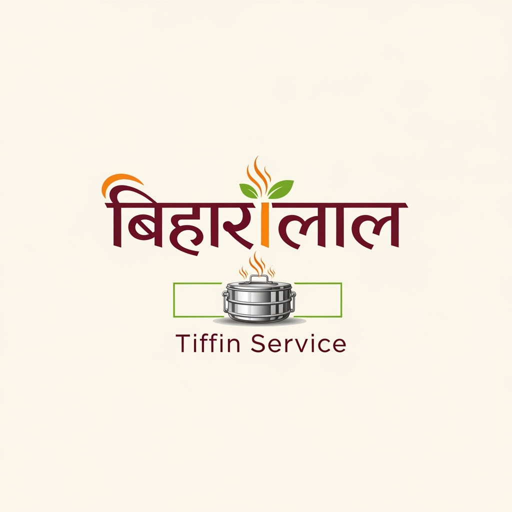 AI Design for Design a modern, premium logo for “biharilaalTiffin Service”. The logo should feel homely, trustworthy, and traditional Indian. Include a stylish tiffin box (lunch box) with steam rising, combined with elegant typography. Use warm food-related colors like orange, brown, maroon, and green. The design should be clean, minimal, and professional, suitable for business branding, delivery service, and social media. Avoid clutter. Create a balanced icon-based logo with both Hindi and English style inspiration.but more classy and poppy colors