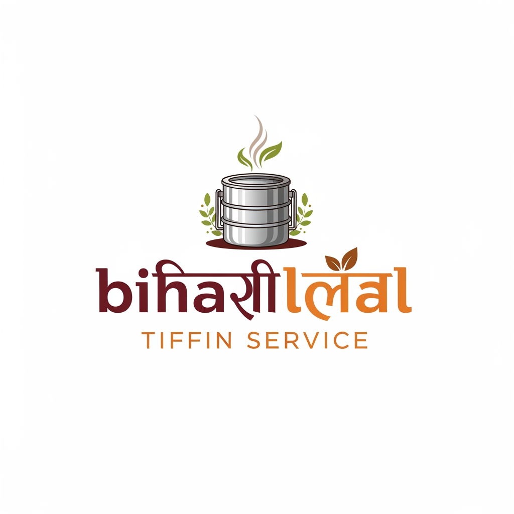AI Design for Design a modern, premium logo for “biharilaalTiffin Service”. The logo should feel homely, trustworthy, and traditional Indian. Include a stylish tiffin box (lunch box) with steam rising, combined with elegant typography. Use warm food-related colors like orange, brown, maroon, and green. The design should be clean, minimal, and professional, suitable for business branding, delivery service, and social media. Avoid clutter. Create a balanced icon-based logo with both Hindi and English style inspiration.but more classy and poppy colors