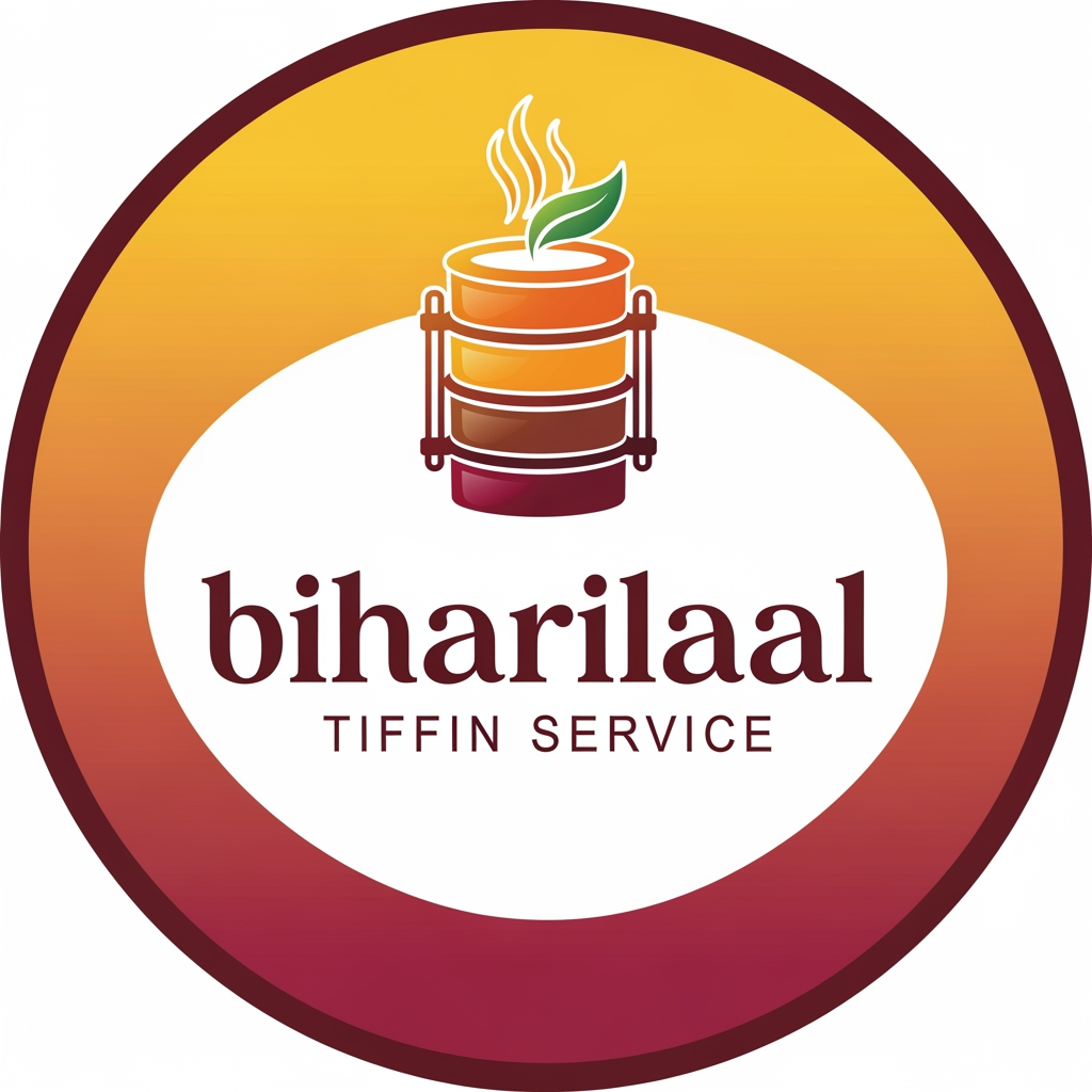 AI Design for Design a modern, premium logo for “biharilaalTiffin Service”. The logo should feel homely, trustworthy, and traditional Indian. Include a stylish tiffin box (lunch box) with steam rising, combined with elegant typography. Use warm food-related colors like orange, brown, maroon, and green. The design should be clean, minimal, and professional, suitable for business branding, delivery service, and social media. Avoid clutter. Create a balanced icon-based logo with both Hindi and English style inspiration.but more classy and poppy colors make in circle with poppy color