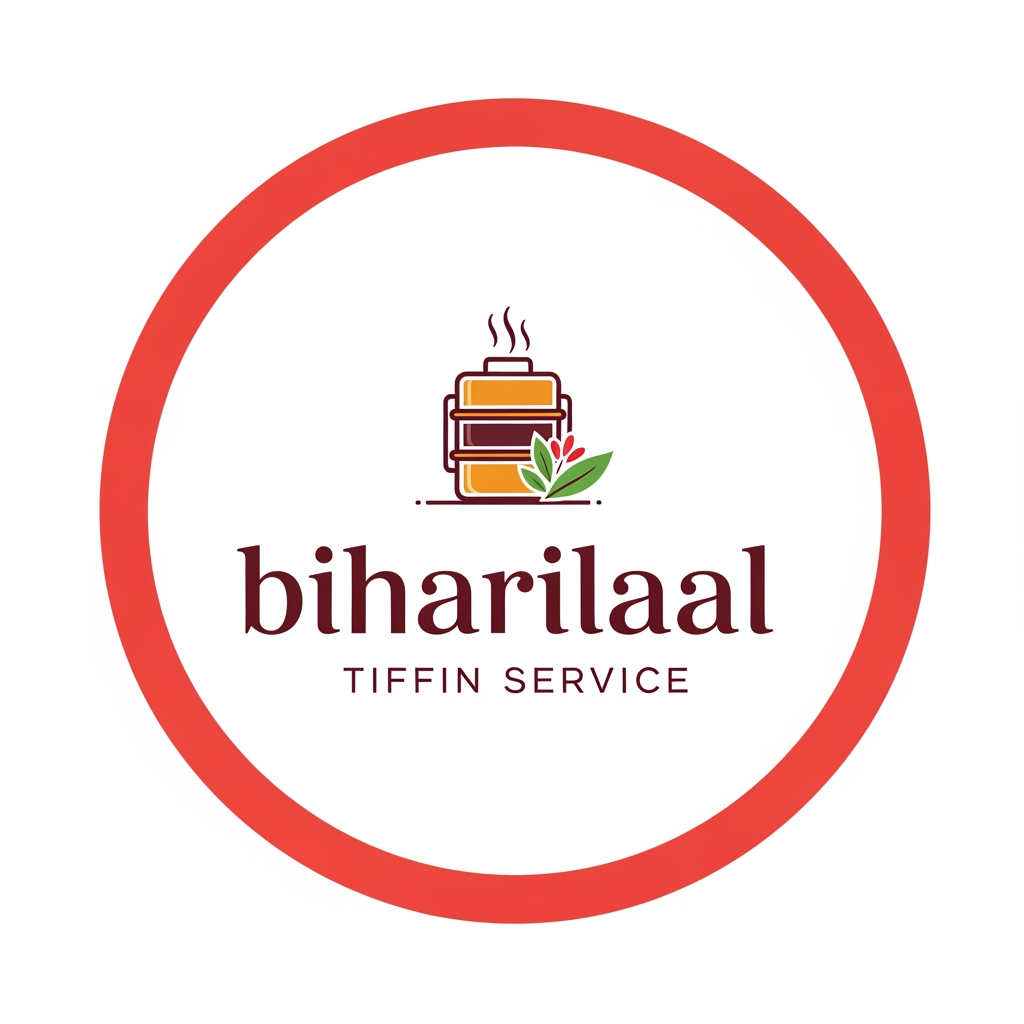 AI Design for Design a modern, premium logo for “biharilaalTiffin Service”. The logo should feel homely, trustworthy, and traditional Indian. Include a stylish tiffin box (lunch box) with steam rising, combined with elegant typography. Use warm food-related colors like orange, brown, maroon, and green. The design should be clean, minimal, and professional, suitable for business branding, delivery service, and social media. Avoid clutter. Create a balanced icon-based logo with both Hindi and English style inspiration.but more classy and poppy colors make in circle with poppy color