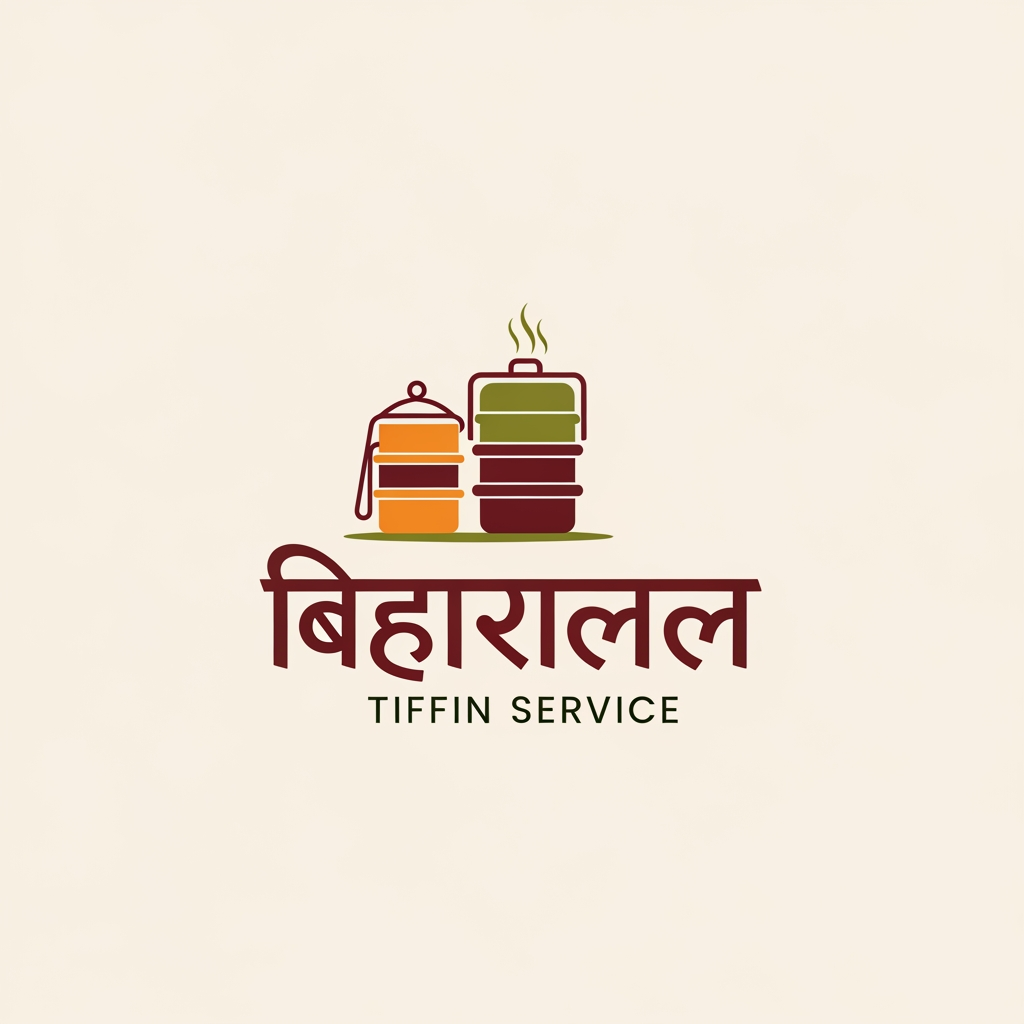 AI Design for Design a modern, premium logo for “Biharilal Tiffin Service”. The logo should feel homely, trustworthy, and traditional Indian. Include a stylish tiffin box (lunch box) with steam rising, combined with elegant typography. Use warm food-related colors like orange, brown, maroon, and green. The design should be clean, minimal, and professional, suitable for business branding, delivery service, and social media. Avoid clutter. Create a balanced icon-based logo with both Hindi and English style inspiration.but more classy and