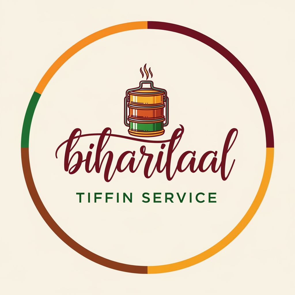 AI Design for Design a modern, premium logo for “biharilaalTiffin Service”. The logo should feel homely, trustworthy, and traditional Indian. Include a stylish tiffin box (lunch box) with steam rising, combined with elegant typography. Use warm food-related colors like orange, brown, maroon, and green. The design should be clean, minimal, and professional, suitable for business branding, delivery service, and social media. Avoid clutter. Create a balanced icon-based logo with both Hindi and English style inspiration.but more classy and poppy colors make in circle with poppy color