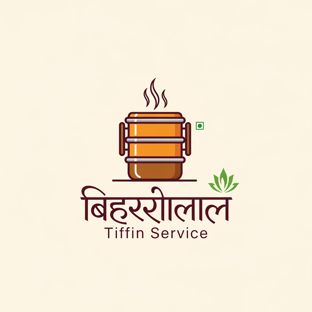 AI Design for Design a modern, premium logo for “biharilaalTiffin Service”. The logo should feel homely, trustworthy, and traditional Indian. Include a stylish tiffin box (lunch box) with steam rising, combined with elegant typography. Use warm food-related colors like orange, brown, maroon, and green. The design should be clean, minimal, and professional, suitable for business branding, delivery service, and social media. Avoid clutter. Create a balanced icon-based logo with both Hindi and English style inspiration.but more classy and poppy colors