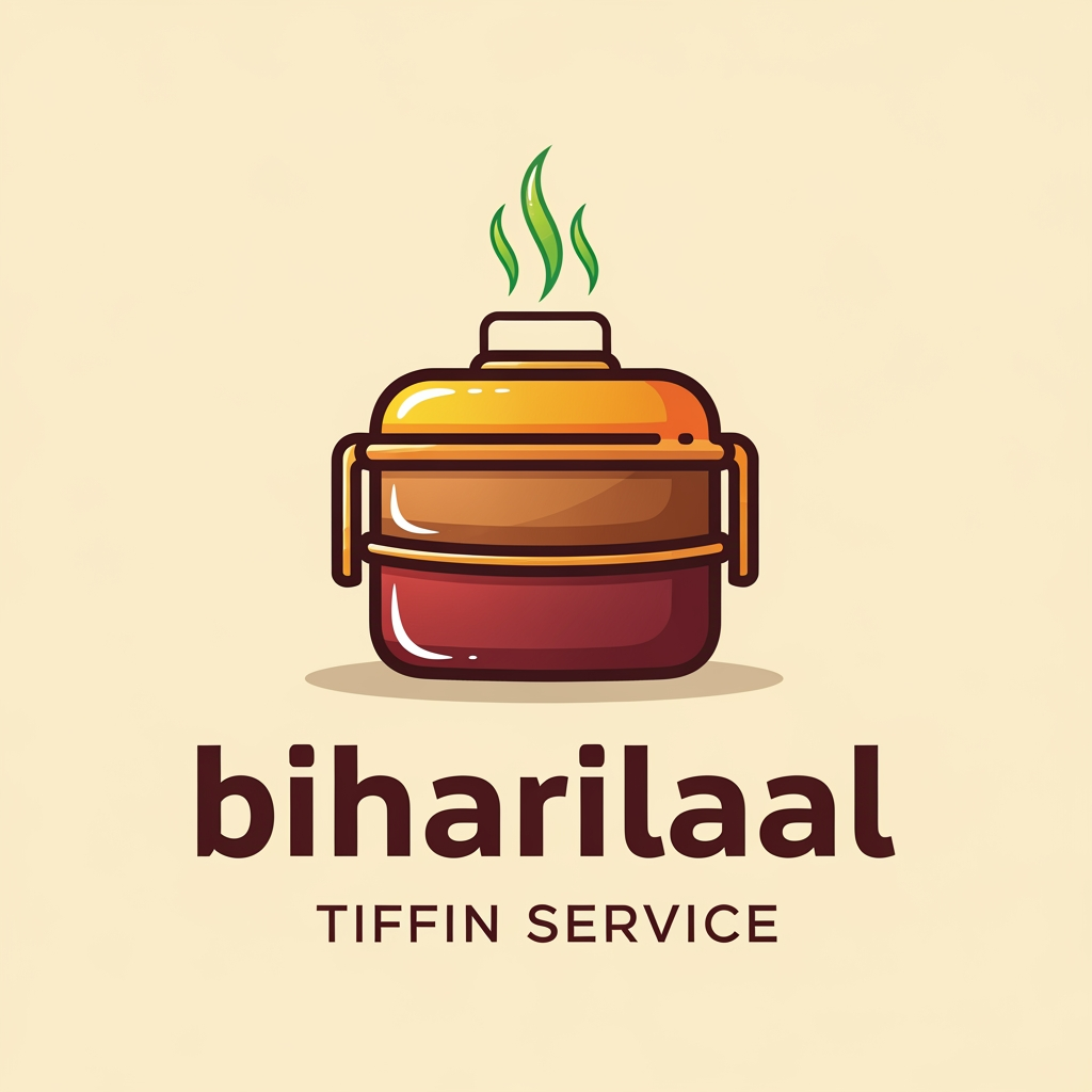 AI Design for Design a modern, premium logo for “biharilaalTiffin Service”. The logo should feel homely, trustworthy, and traditional Indian. Include a stylish tiffin box (lunch box) with steam rising, combined with elegant typography. Use warm food-related colors like orange, brown, maroon, and green. The design should be clean, minimal, and professional, suitable for business branding, delivery service, and social media. Avoid clutter. Create a balanced icon-based logo with both Hindi and English style inspiration.but more classy and poppy colors