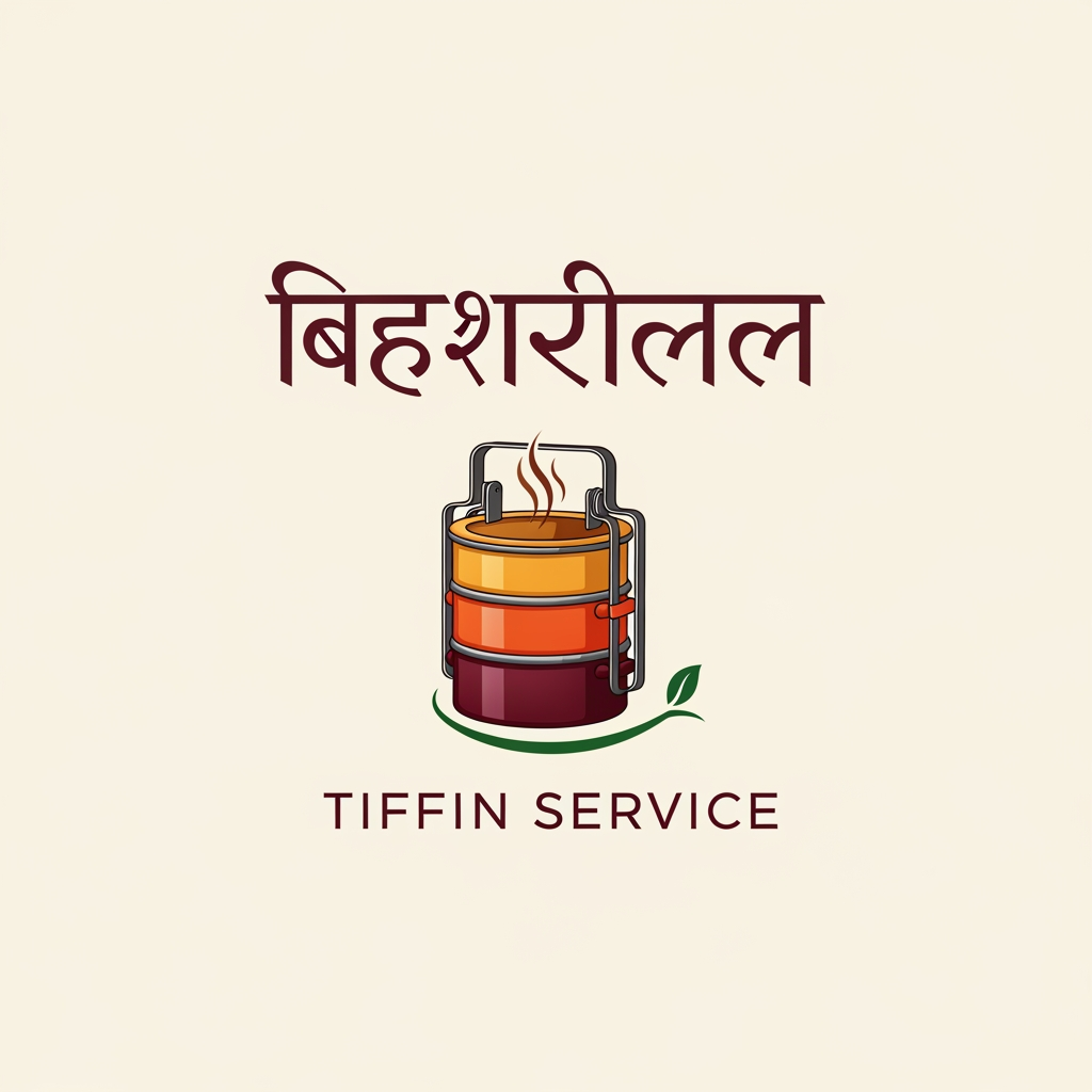 AI Design for Design a modern, premium logo for “Biharilal Tiffin Service”. The logo should feel homely, trustworthy, and traditional Indian. Include a stylish tiffin box (lunch box) with steam rising, combined with elegant typography. Use warm food-related colors like orange, brown, maroon, and green. The design should be clean, minimal, and professional, suitable for business branding, delivery service, and social media. Avoid clutter. Create a balanced icon-based logo with both Hindi and English style inspiration.but more classy and