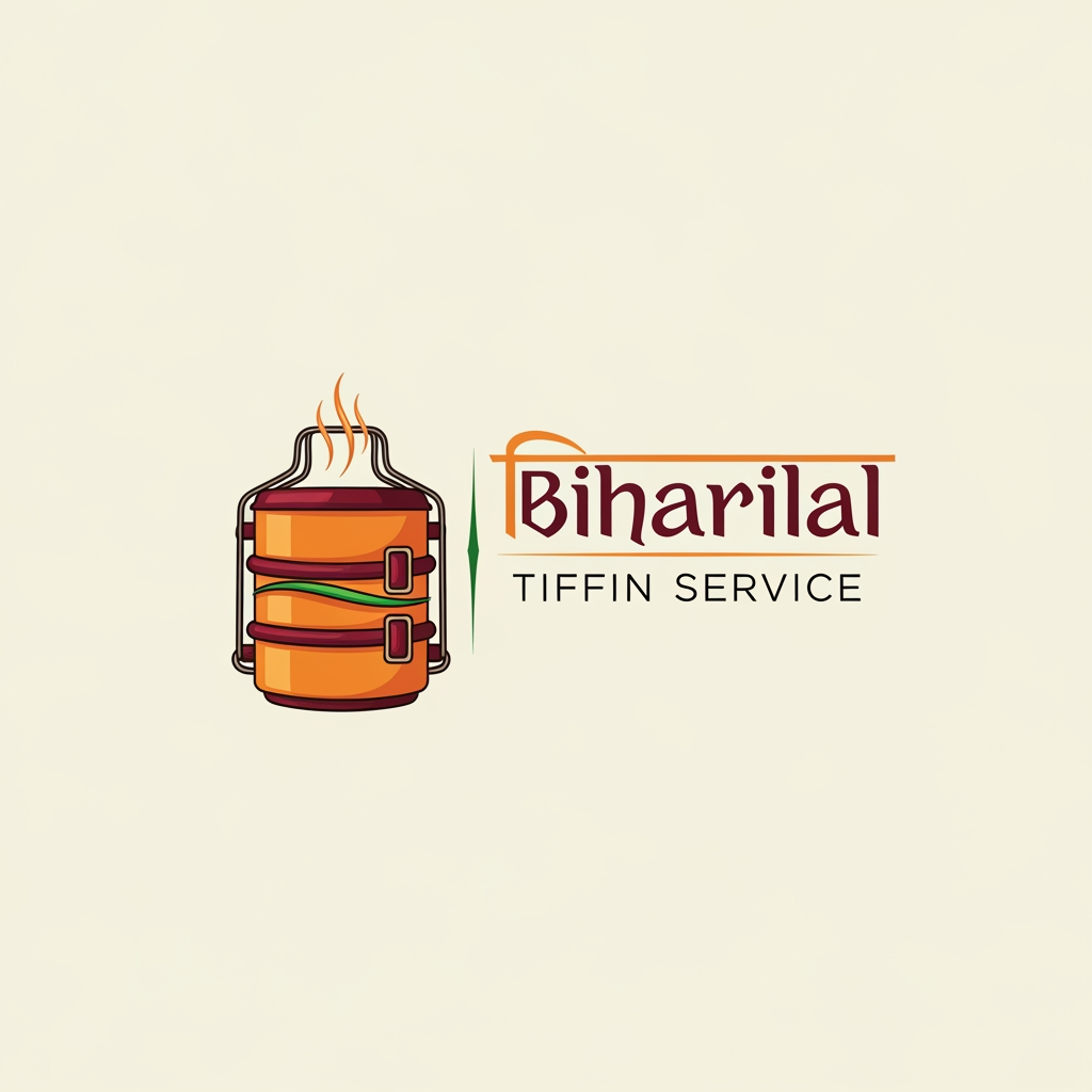 AI Design for Design a modern, premium logo for “Biharilal Tiffin Service”. The logo should feel homely, trustworthy, and traditional Indian. Include a stylish tiffin box (lunch box) with steam rising, combined with elegant typography. Use warm food-related colors like orange, brown, maroon, and green. The design should be clean, minimal, and professional, suitable for business branding, delivery service, and social media. Avoid clutter. Create a balanced icon-based logo with both Hindi and English style inspiration.but more classy and