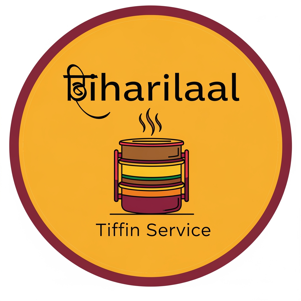 AI Design for Design a modern, premium logo for “biharilaalTiffin Service”. The logo should feel homely, trustworthy, and traditional Indian. Include a stylish tiffin box (lunch box) with steam rising, combined with elegant typography. Use warm food-related colors like orange, brown, maroon, and green. The design should be clean, minimal, and professional, suitable for business branding, delivery service, and social media. Avoid clutter. Create a balanced icon-based logo with both Hindi and English style inspiration.but more classy and poppy colors make in circle with poppy color