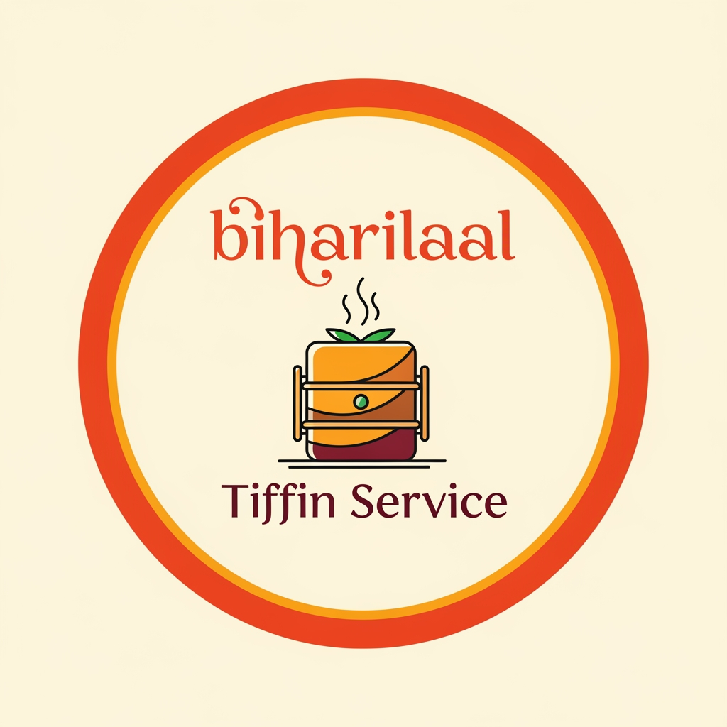 AI Design for Design a modern, premium logo for “biharilaalTiffin Service”. The logo should feel homely, trustworthy, and traditional Indian. Include a stylish tiffin box (lunch box) with steam rising, combined with elegant typography. Use warm food-related colors like orange, brown, maroon, and green. The design should be clean, minimal, and professional, suitable for business branding, delivery service, and social media. Avoid clutter. Create a balanced icon-based logo with both Hindi and English style inspiration.but more classy and poppy colors make in circle with poppy color
