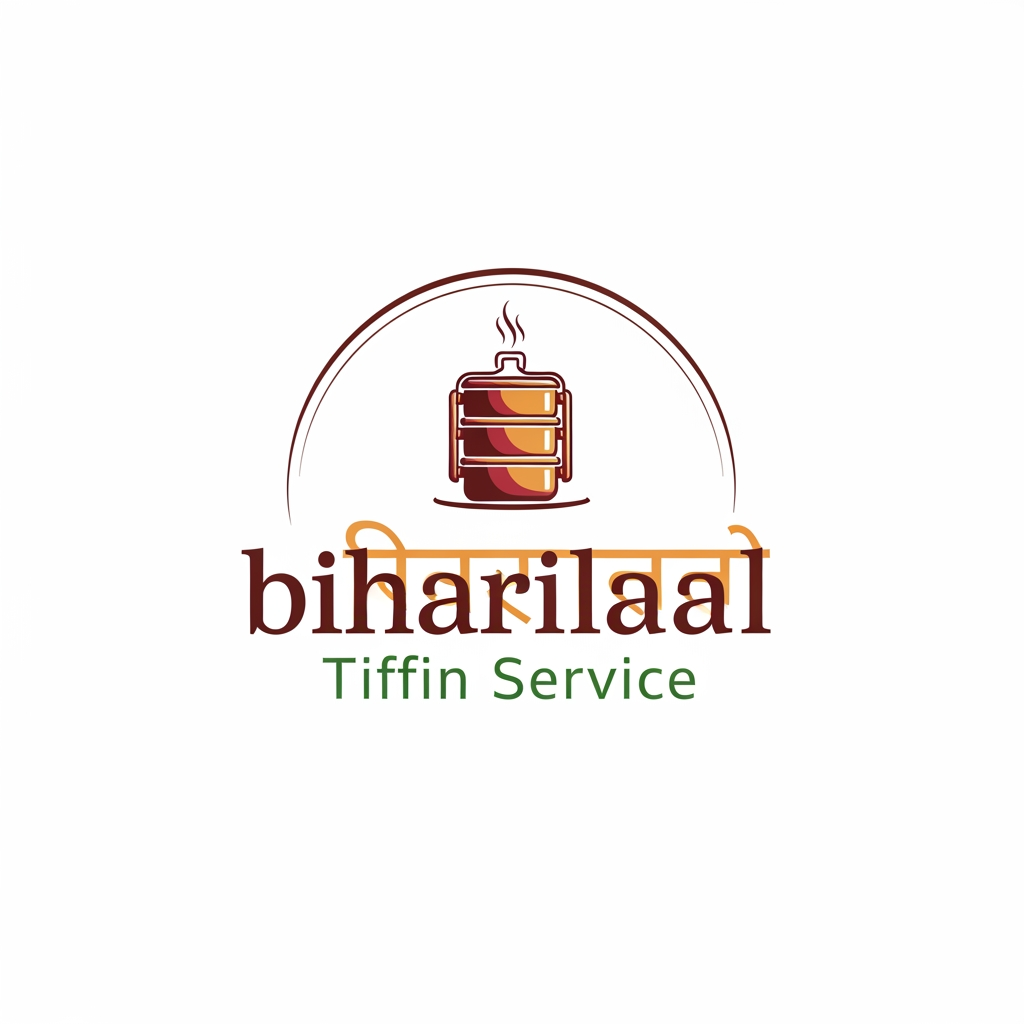 AI Design for Design a modern, premium logo for “biharilaalTiffin Service”. The logo should feel homely, trustworthy, and traditional Indian. Include a stylish tiffin box (lunch box) with steam rising, combined with elegant typography. Use warm food-related colors like orange, brown, maroon, and green. The design should be clean, minimal, and professional, suitable for business branding, delivery service, and social media. Avoid clutter. Create a balanced icon-based logo with both Hindi and English style inspiration.but more classy and poppy colors