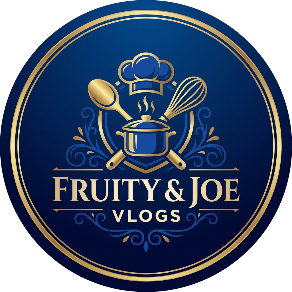 AI Design for NEED A LOGO FOR MY YOUTUBE CHANNEL NAME FRUITY & JOE VLOGS AND MAKE SURE LOOKS LIKE PREMIUM AND USE THE COLOUR OF ROYAL BLUE AND MATCHING SHADES AND WE ARE POSTING COOKING VIDEOS ALSO
