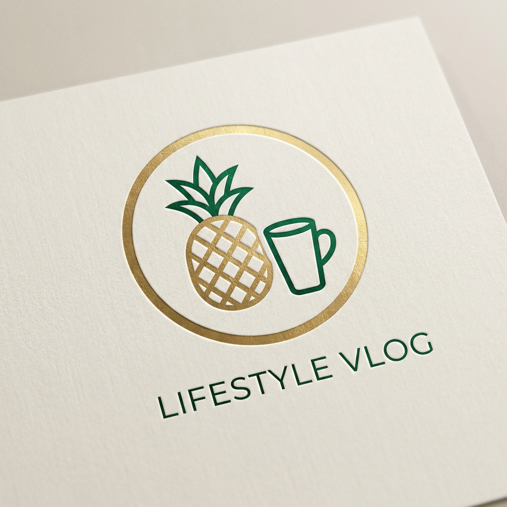 AI Design for A sophisticated and minimalist circular logo for a lifestyle vlog channel featuring stylized, modern iconography of a tropical fruit paired with a sleek coffee cup. The design utilizes a premium color palette of deep emerald green, brushed gold, and soft cream, set against a clean matte background with subtle textures. High-end, professional branding aesthetic with sharp lines and balanced composition.
