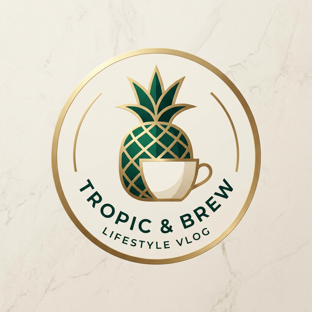 AI Design for A sophisticated and minimalist circular logo for a lifestyle vlog channel featuring stylized, modern iconography of a tropical fruit paired with a sleek coffee cup. The design utilizes a premium color palette of deep emerald green, brushed gold, and soft cream, set against a clean matte background with subtle textures. High-end, professional branding aesthetic with sharp lines and balanced composition.
