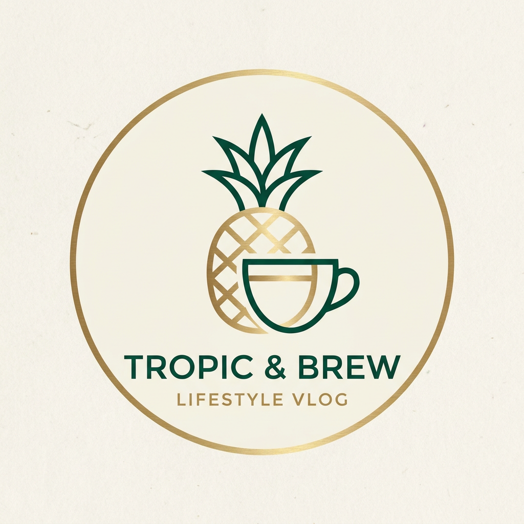 AI Design for A sophisticated and minimalist circular logo for a lifestyle vlog channel featuring stylized, modern iconography of a tropical fruit paired with a sleek coffee cup. The design utilizes a premium color palette of deep emerald green, brushed gold, and soft cream, set against a clean matte background with subtle textures. High-end, professional branding aesthetic with sharp lines and balanced composition.