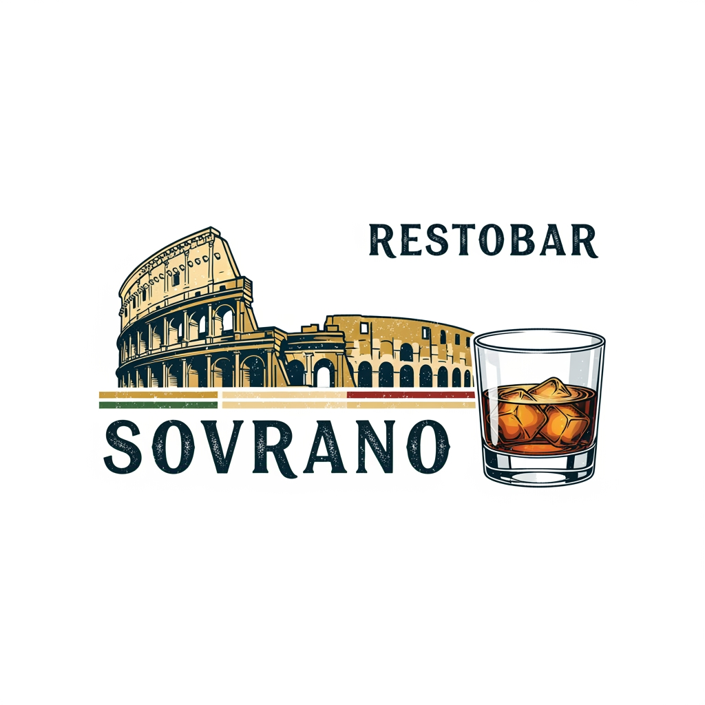 AI Design for a restobar logo for the company named SOVRANO, a classic retro italian themed logo with the colosseum & a glass of chilled whiskey in the main logo, just the logo with colosseum & the whiskey is needed with white bg, ill work on it further. make the colosseum & whiskey glass on the same line
