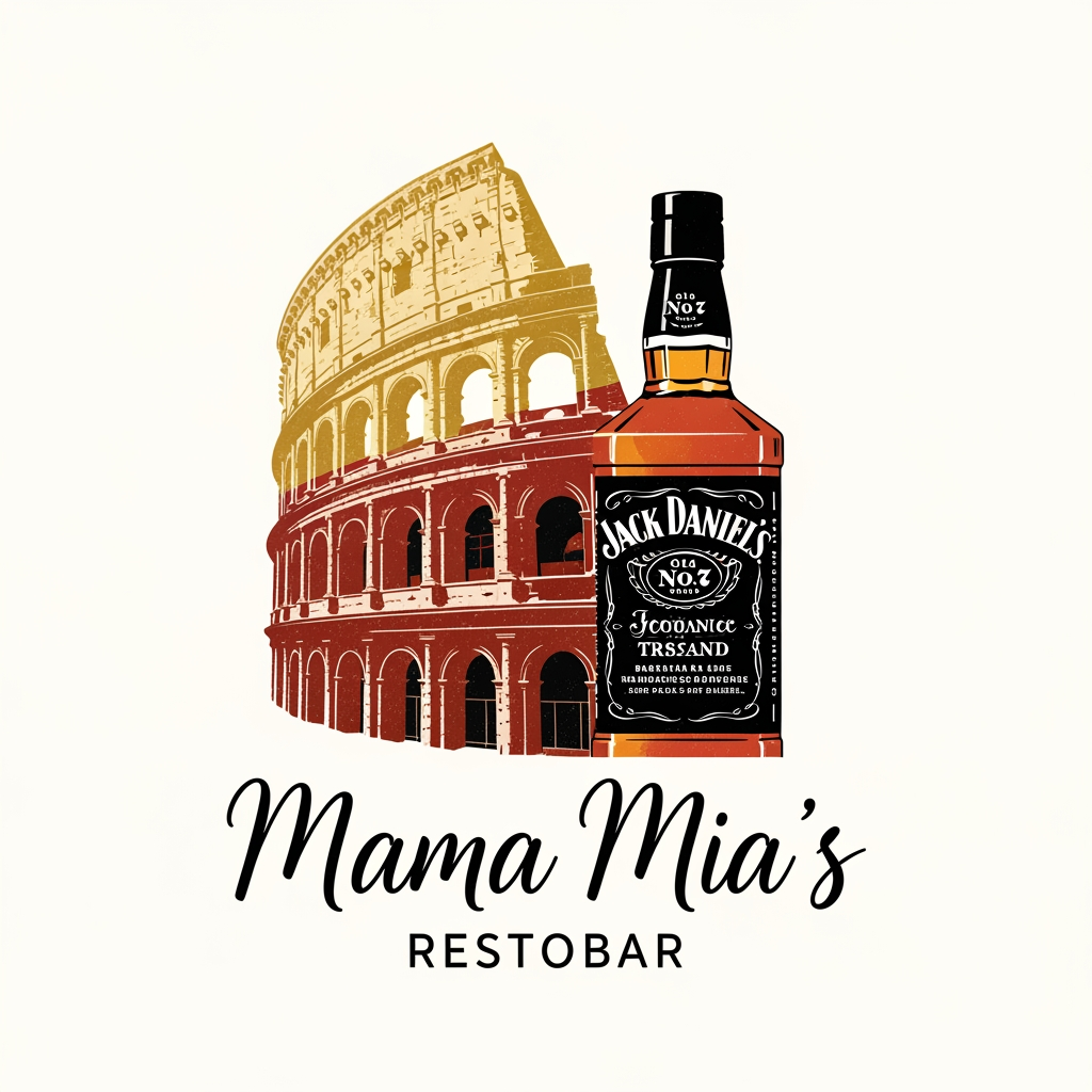 AI Design for create me a logo of a italian restobar, in a classic & artistic way. add a half of colosseum blending to a bottle of jack daniels in the logo. the third one here looks good as its merged perfectly, give me more of that