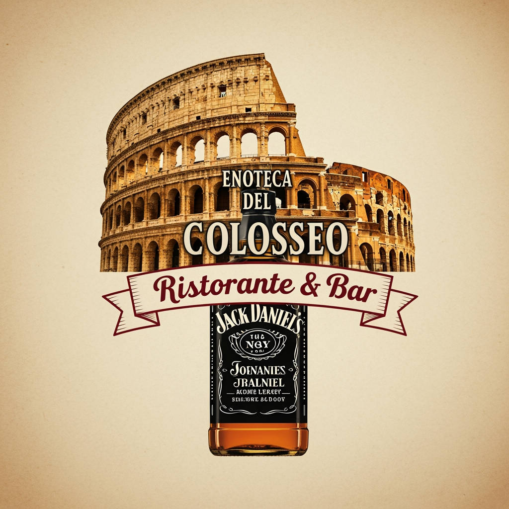 AI Design for create me a logo of a italian restobar, in a classic & artistic way. add a half of colosseum blending to a bottle of jack daniels in the logo. the third one here looks good as its merged perfectly, give me more of that