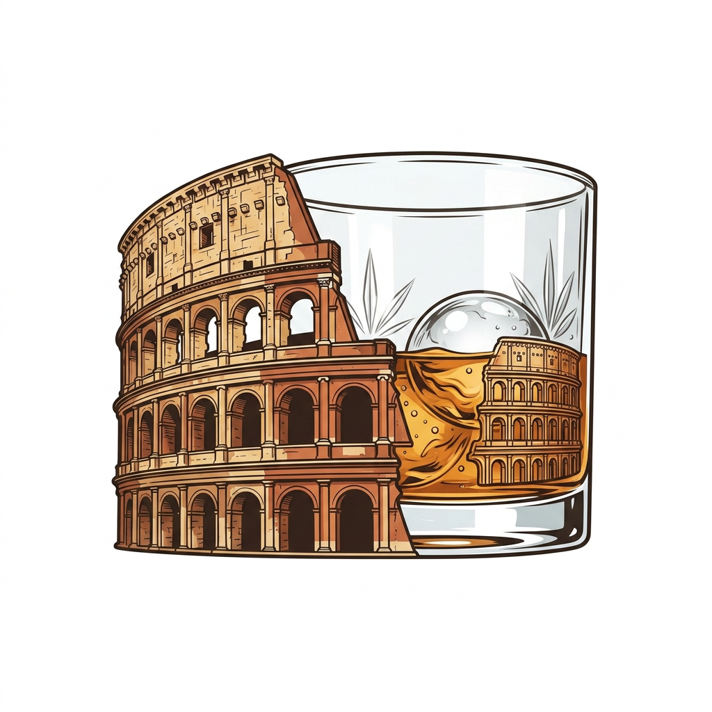 AI Design for a restobar logo for the company named SOVRANO, a classic retro italian themed logo with the colosseum & a glass of chilled whiskey in the main logo, just the logo with colosseum & the whiskey is needed with white bg, ill work on it further. make the colosseum & whiskey glass on the same line, blend the whiskey glass with colosseum like this