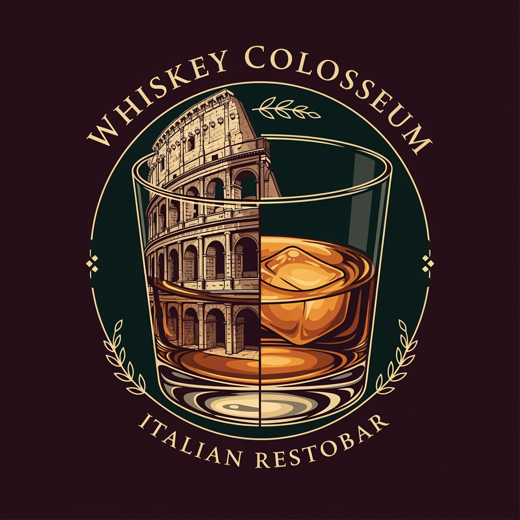 AI Design for create me a logo of a italian restobar, in a classic & artistic way. add a half of colosseum blending to a glass of whiskey in the logo. the third one here looks good as its merged perfectly, give me more of that