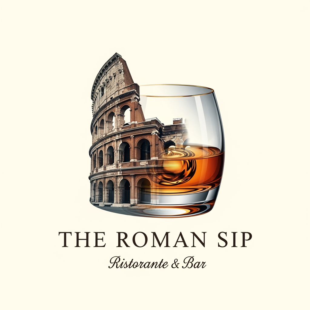 AI Design for create me a logo of a italian restobar, in a classic & artistic way. add a half of colosseum blending to a glass of whiskey in the logo. the third one here looks good as its merged perfectly, give me more of that