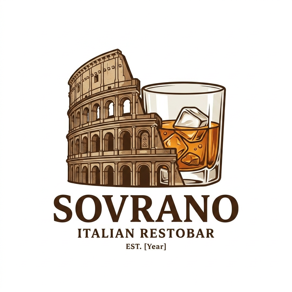 AI Design for a restobar logo for the company named SOVRANO, a classic retro italian themed logo with the colosseum & a glass of chilled whiskey in the main logo, just the logo with colosseum & the whiskey is needed with white bg, ill work on it further. make the colosseum & whiskey glass on the same line, blend the whiskey glass with colosseum like this. this big of a glass isnt needed. new +