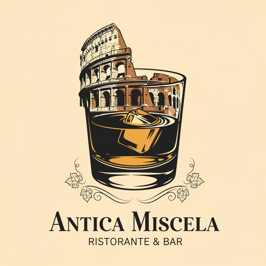 AI Design for create me a logo of a italian restobar, in a classic & artistic way. add a half of colosseum blending to a glass of whiskey in the logo. the third one here looks good as its merged perfectly, give me more of that