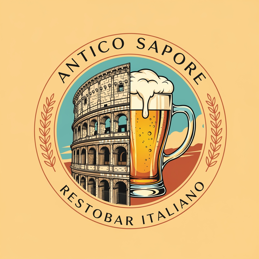 AI Design for create me a logo of a italian restobar, in a classic & artistic way. add a half of colosseum blending to a glass of filled beer in the logo. the third one here looks good as its merged perfectly, give me more of that