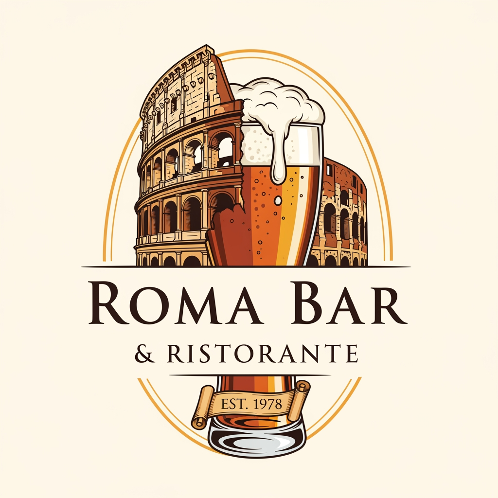 AI Design for create me a logo of a italian restobar, in a classic & artistic way. add a half of colosseum blending to a glass of filled beer in the logo