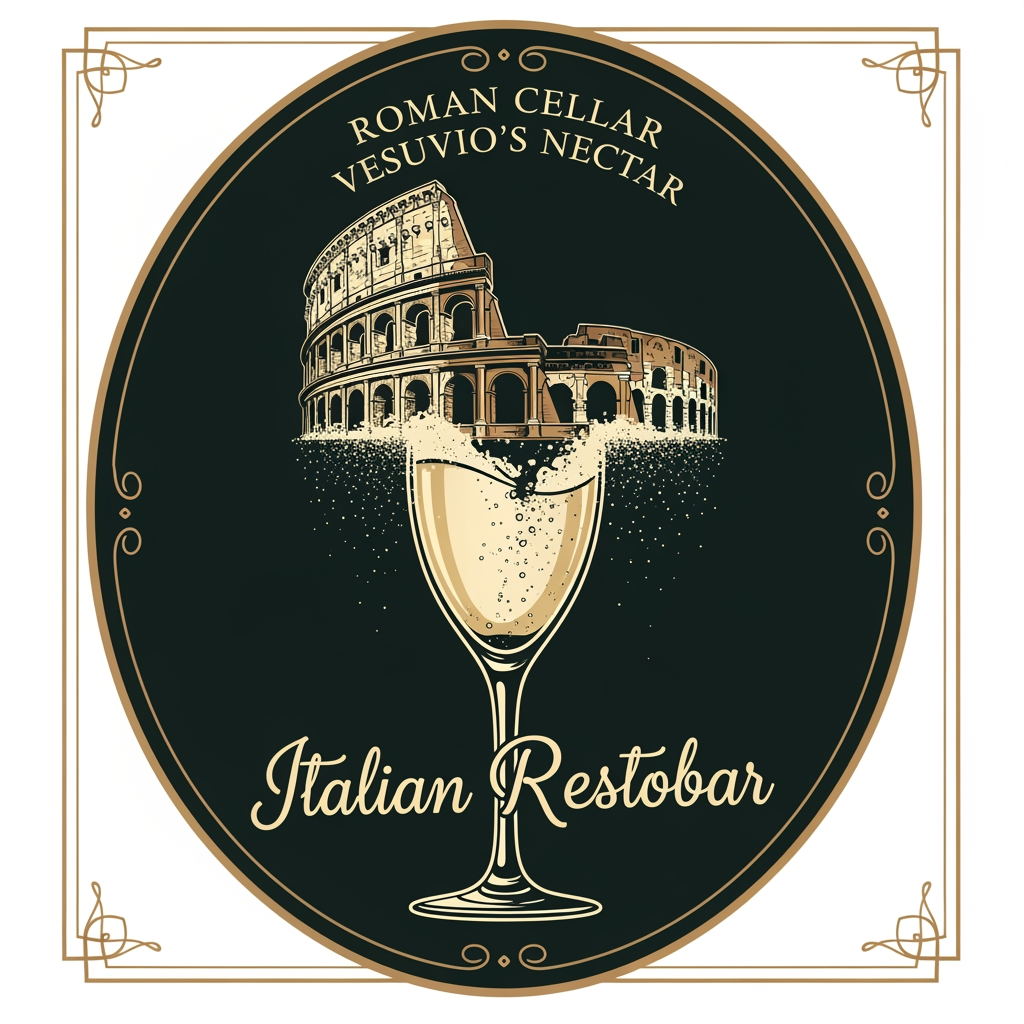 AI Design for create me a logo of a italian restobar, in a classic & artistic way. add a half of colosseum blending to a glass of champagne in the logo. the third one here looks good as its merged perfectly, give me more of that
