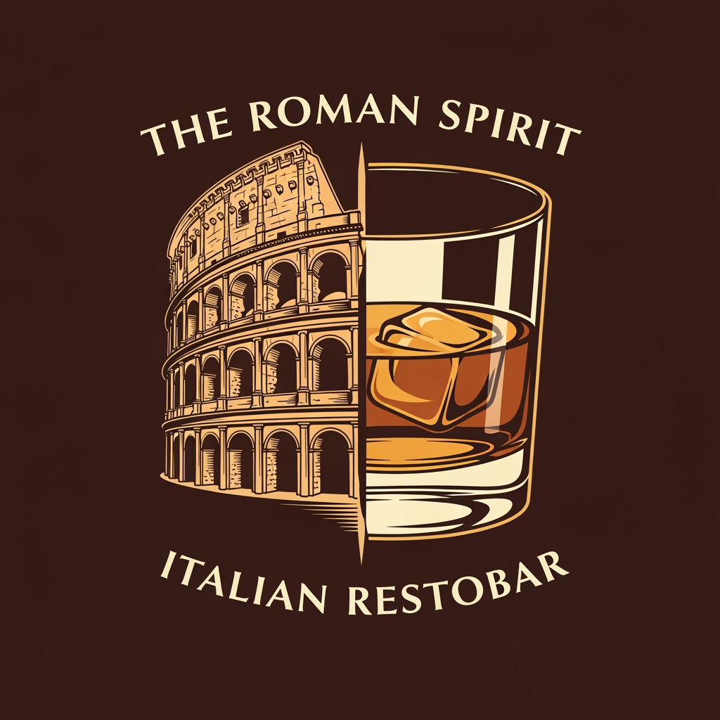 AI Design for create me a logo of a italian restobar, in a classic & artistic way. add a half of colosseum blending to a glass of whiskey in the logo. the third one here looks good as its merged perfectly, give me more of that