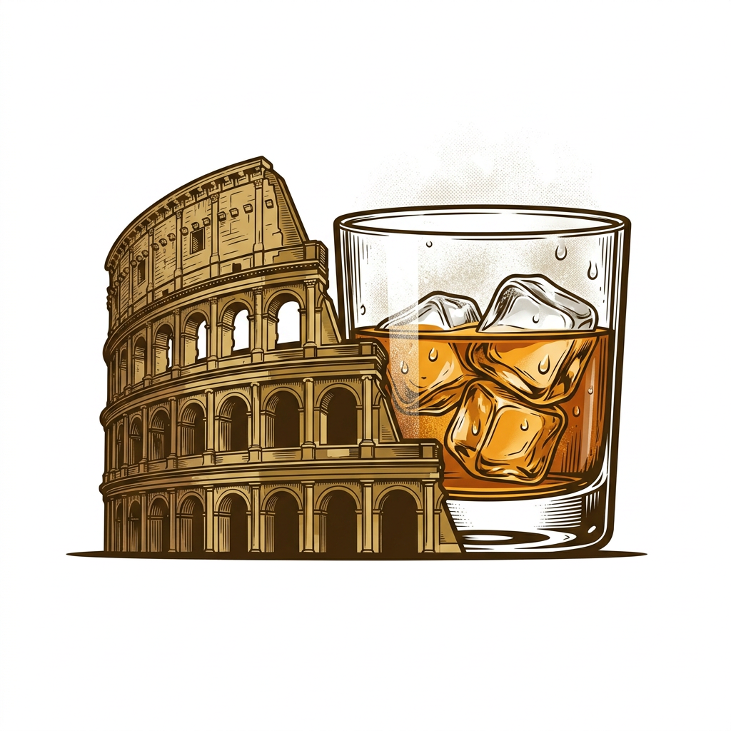 AI Design for a restobar logo for the company named SOVRANO, a classic retro italian themed logo with the colosseum & a glass of chilled whiskey in the main logo, just the logo with colosseum & the whiskey is needed with white bg, ill work on it further. make the colosseum & whiskey glass on the same line, blend the whiskey glass with colosseum like this. this big of a glass isnt needed. new +
